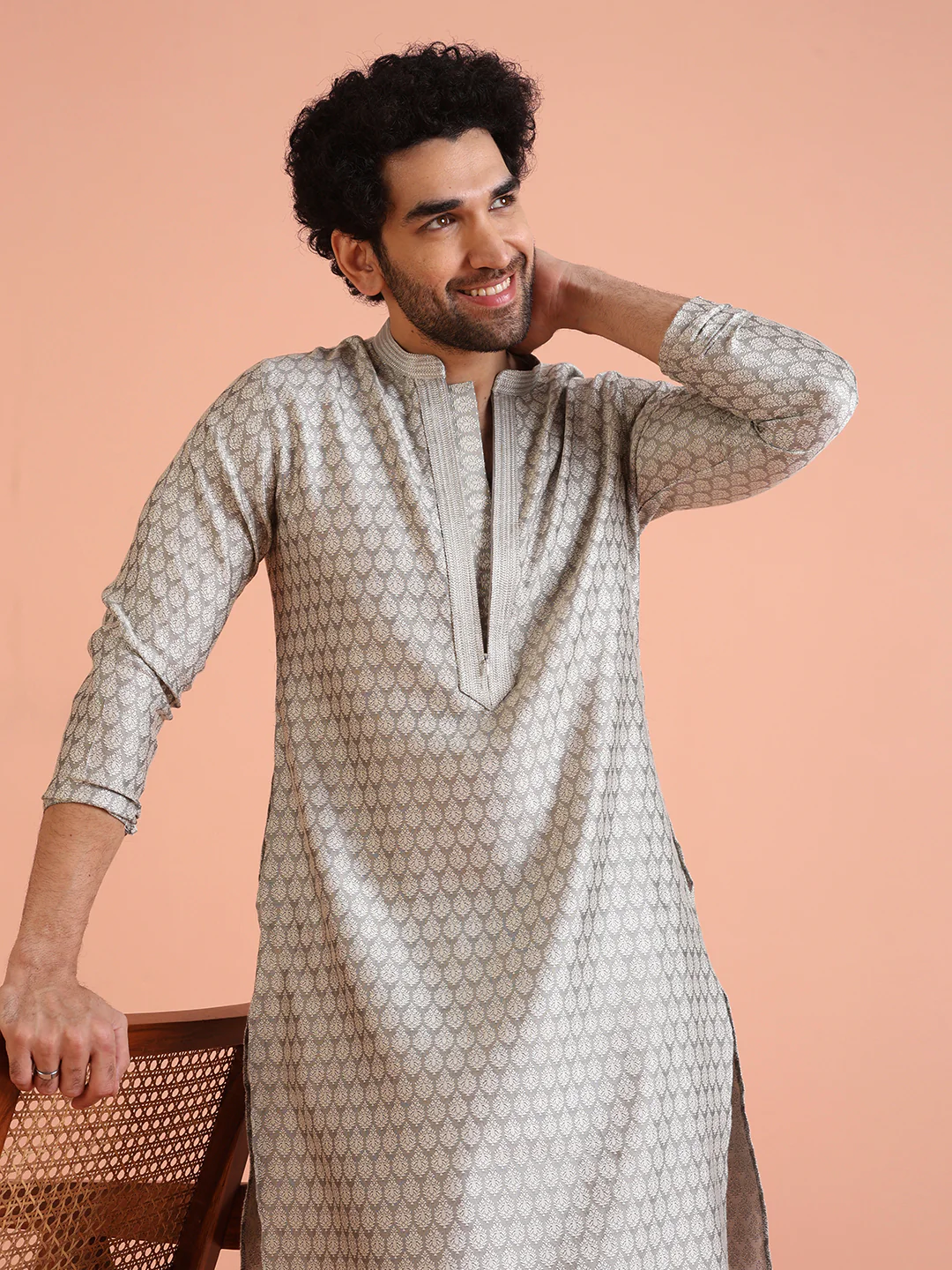 Men Grey Jacquard Ethnic Motifs Kurta Churidar Set