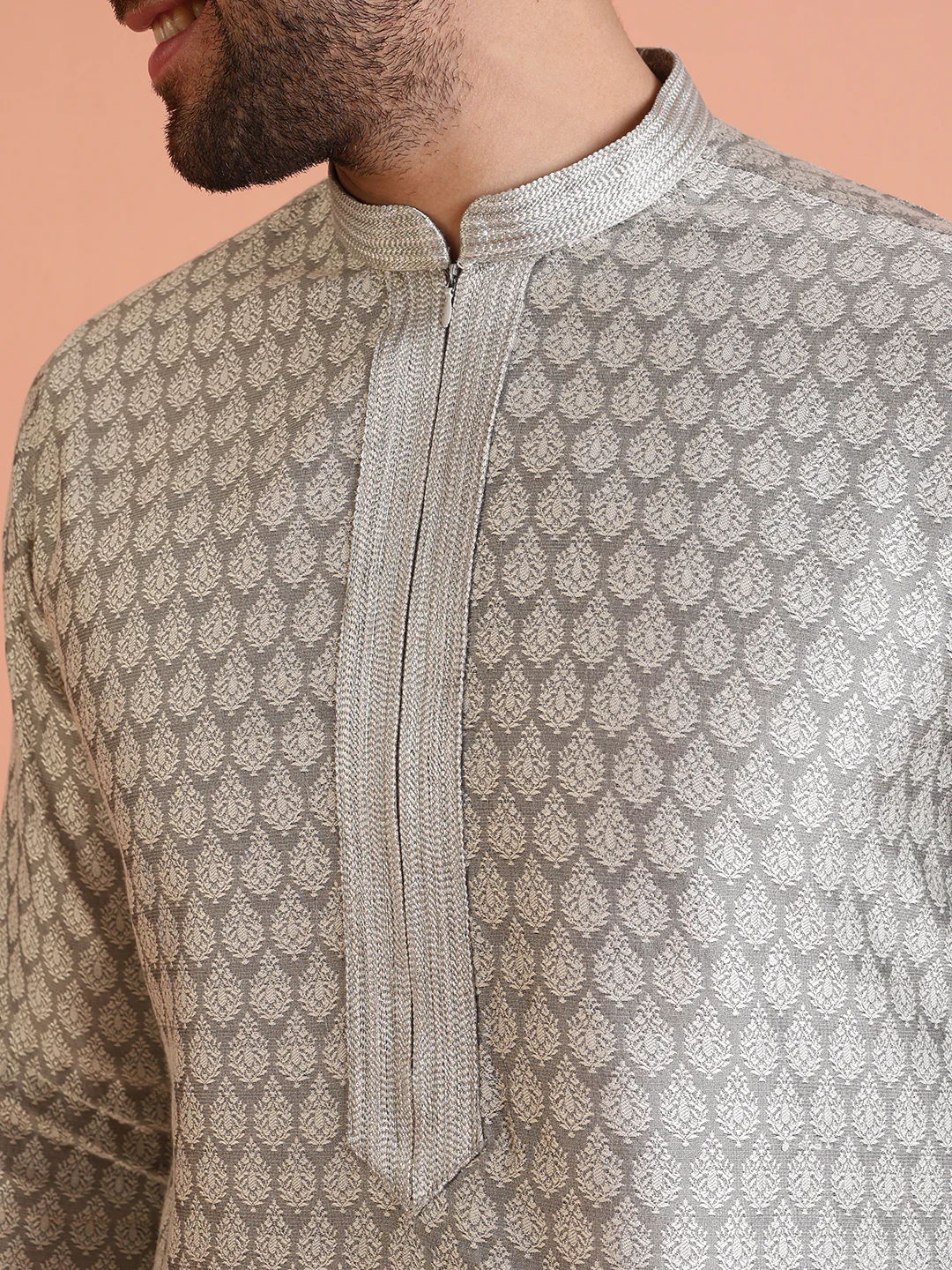 Men Grey Jacquard Ethnic Motifs Kurta - Image 5