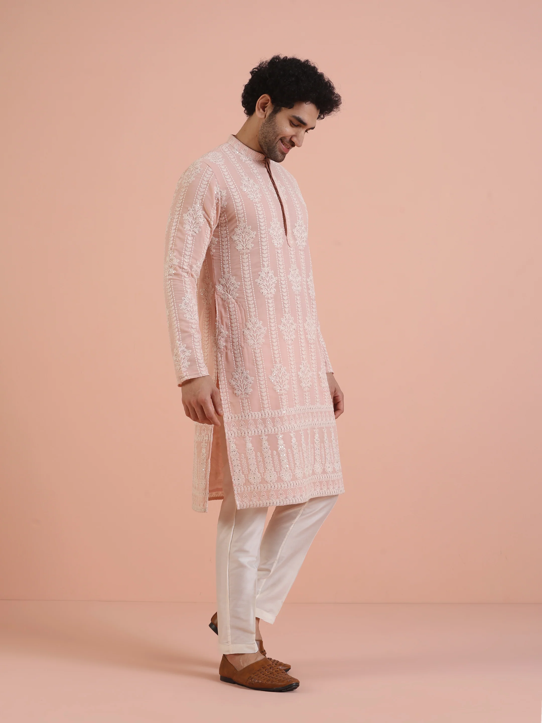 Men Pink Embroidered Chikankari Kurta Trouser Set - Image 3