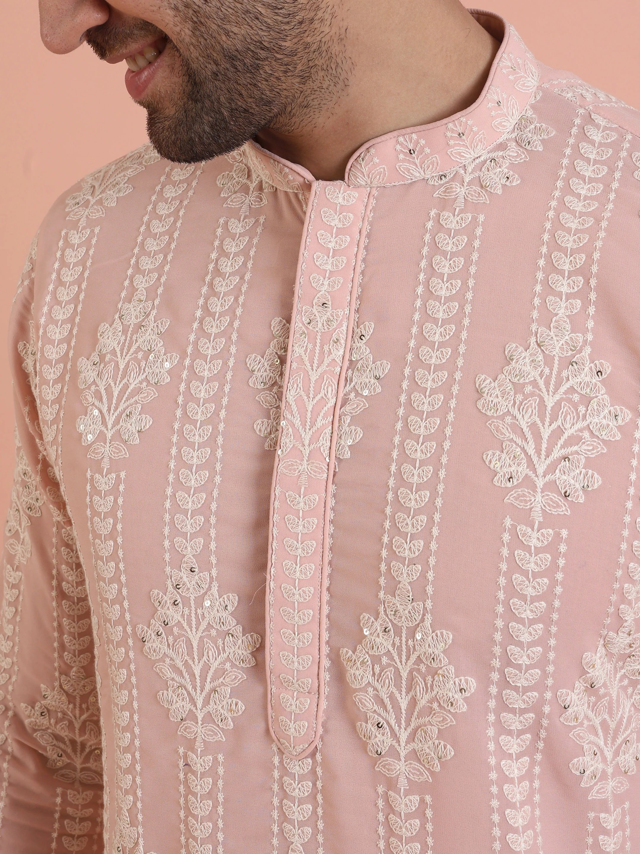Men Pink Embroidered Chikankari Kurta Trouser Set - Image 5