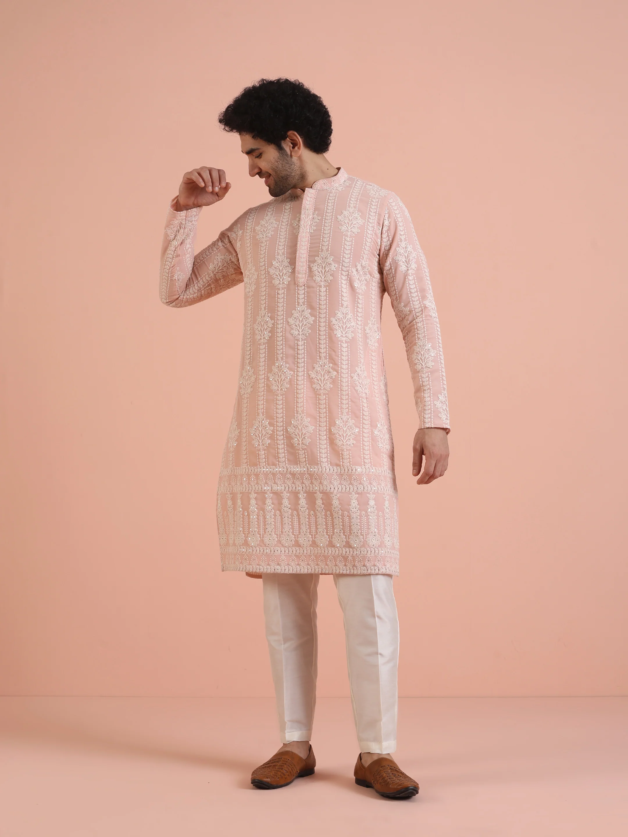 Men Pink Embroidered Chikankari Kurta Trouser Set - Image 7