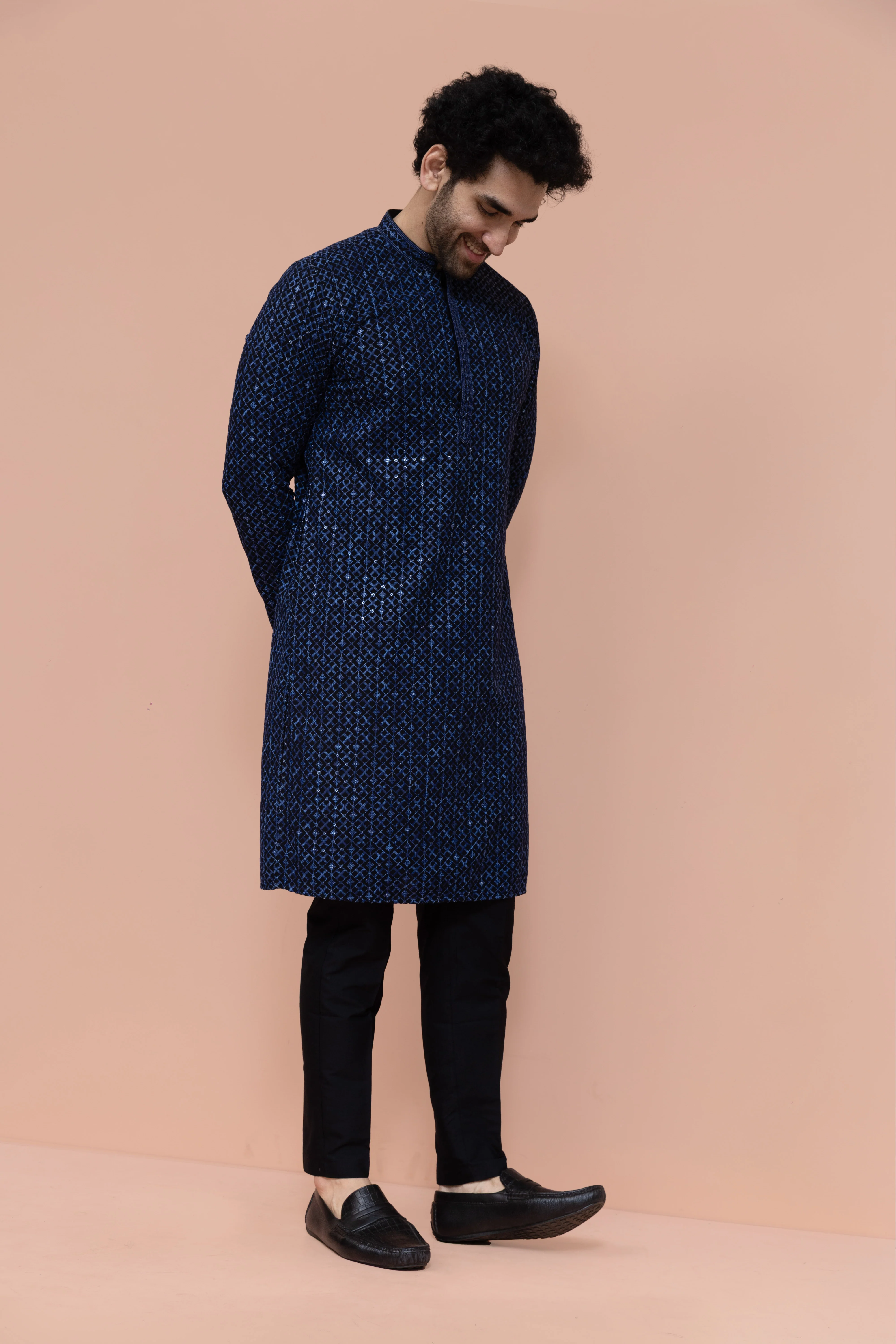 Men Blue Geometric Heavy Thread Work Kurta - Image 6