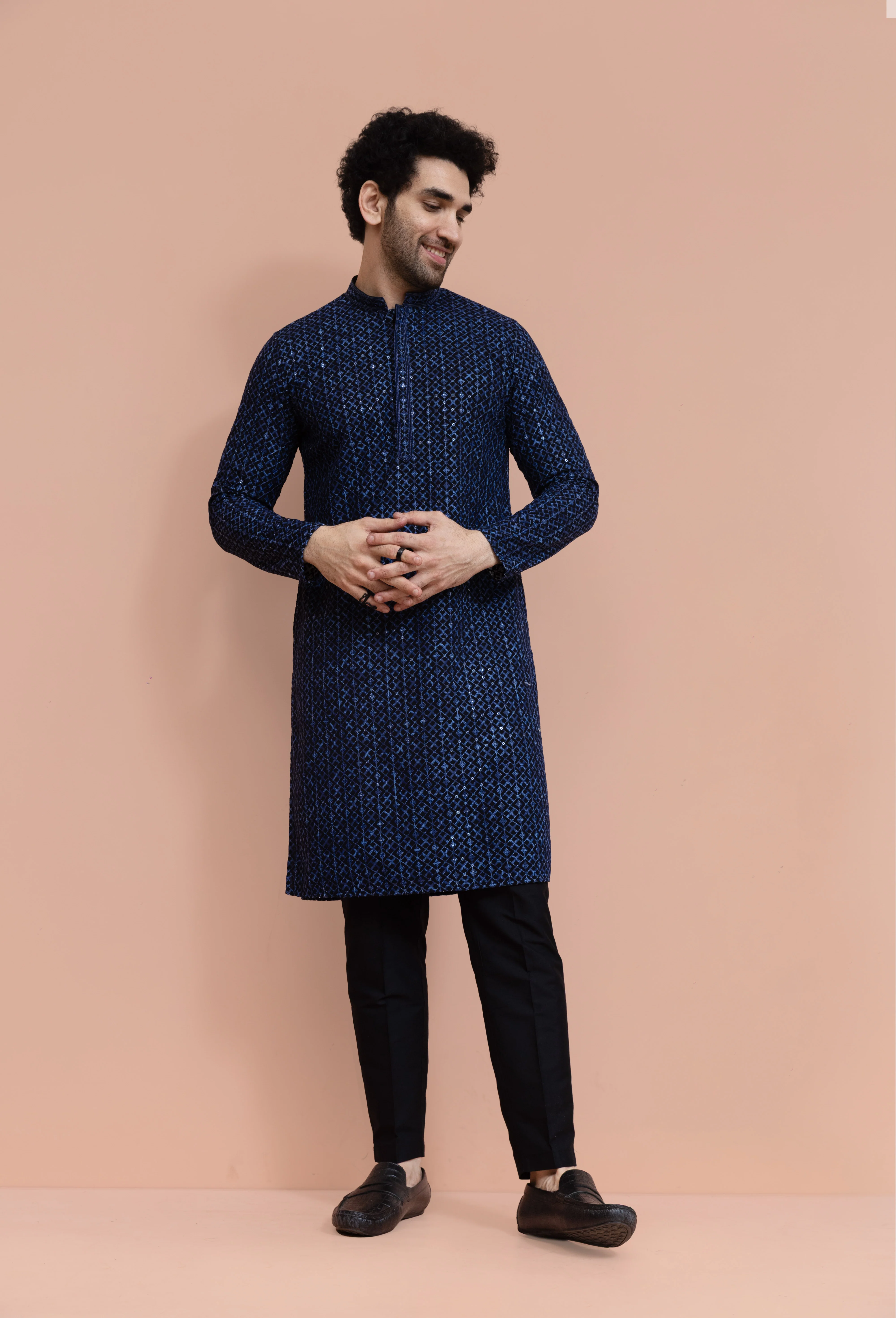 Men Blue Geometric Heavy Thread Work Kurta - Image 7