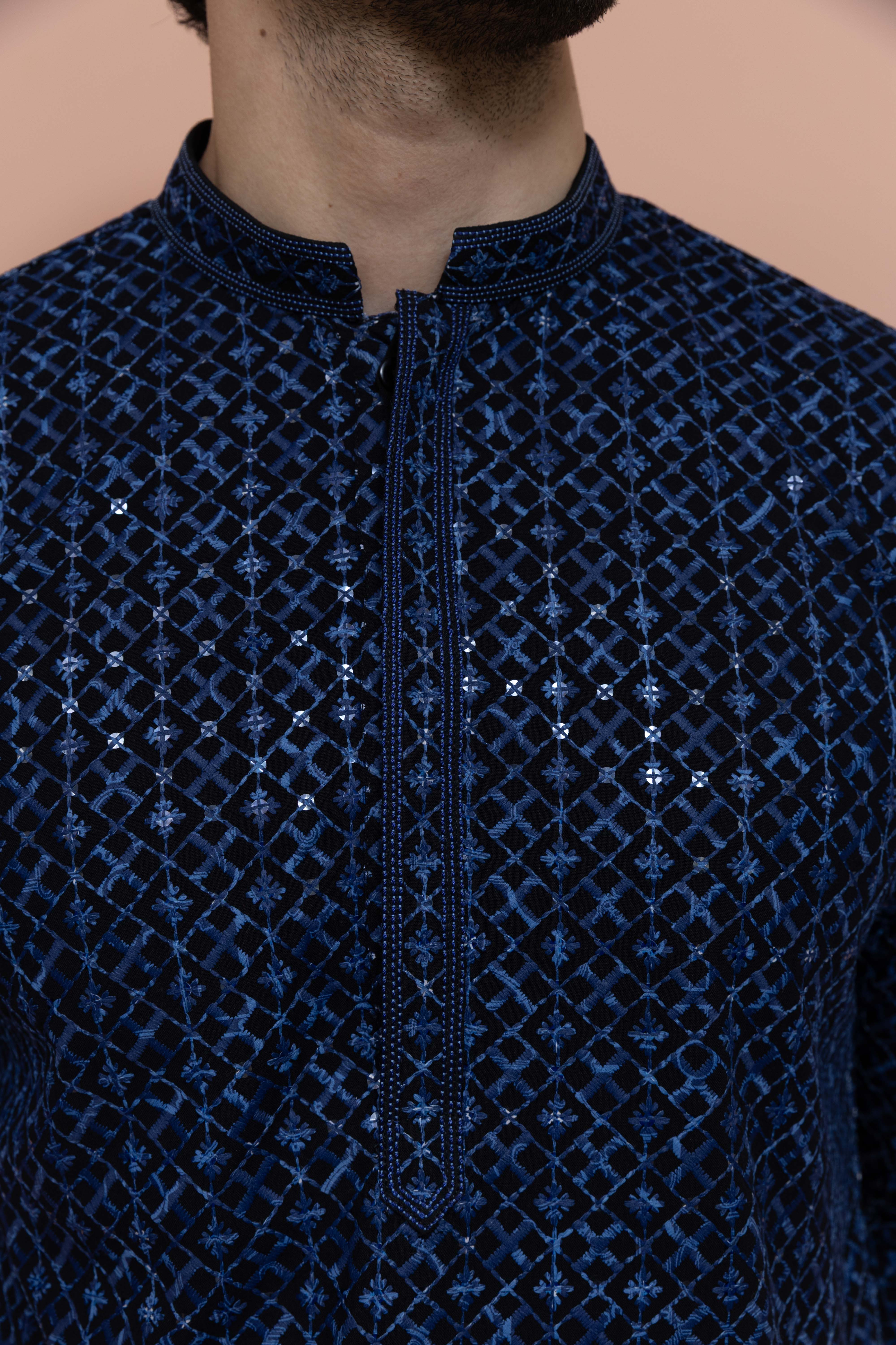 Men Blue Geometric Heavy Thread Work Kurta Trouser Set - Image 6