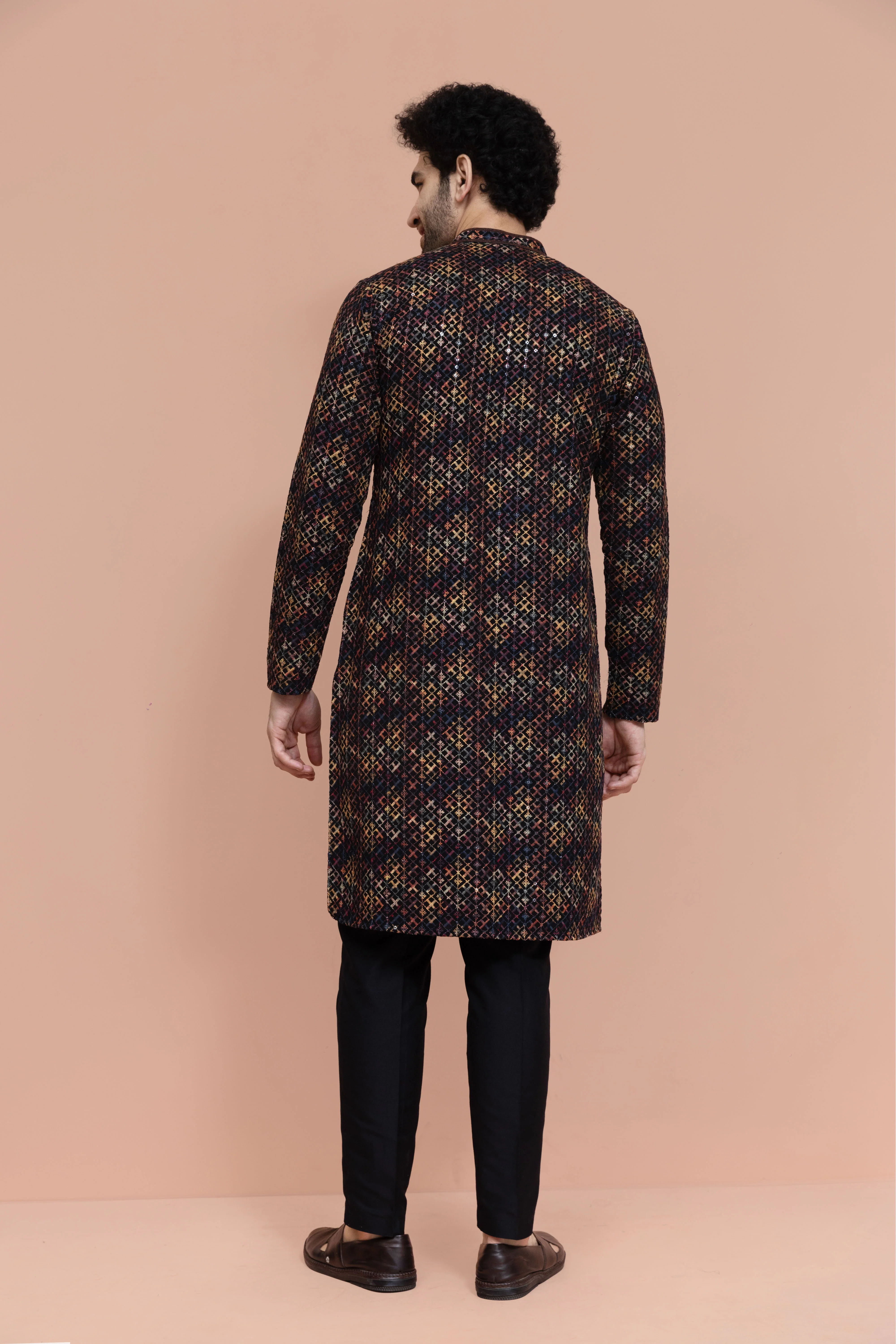Men Multi Geometric Heavy Thread Work Kurta - Image 4
