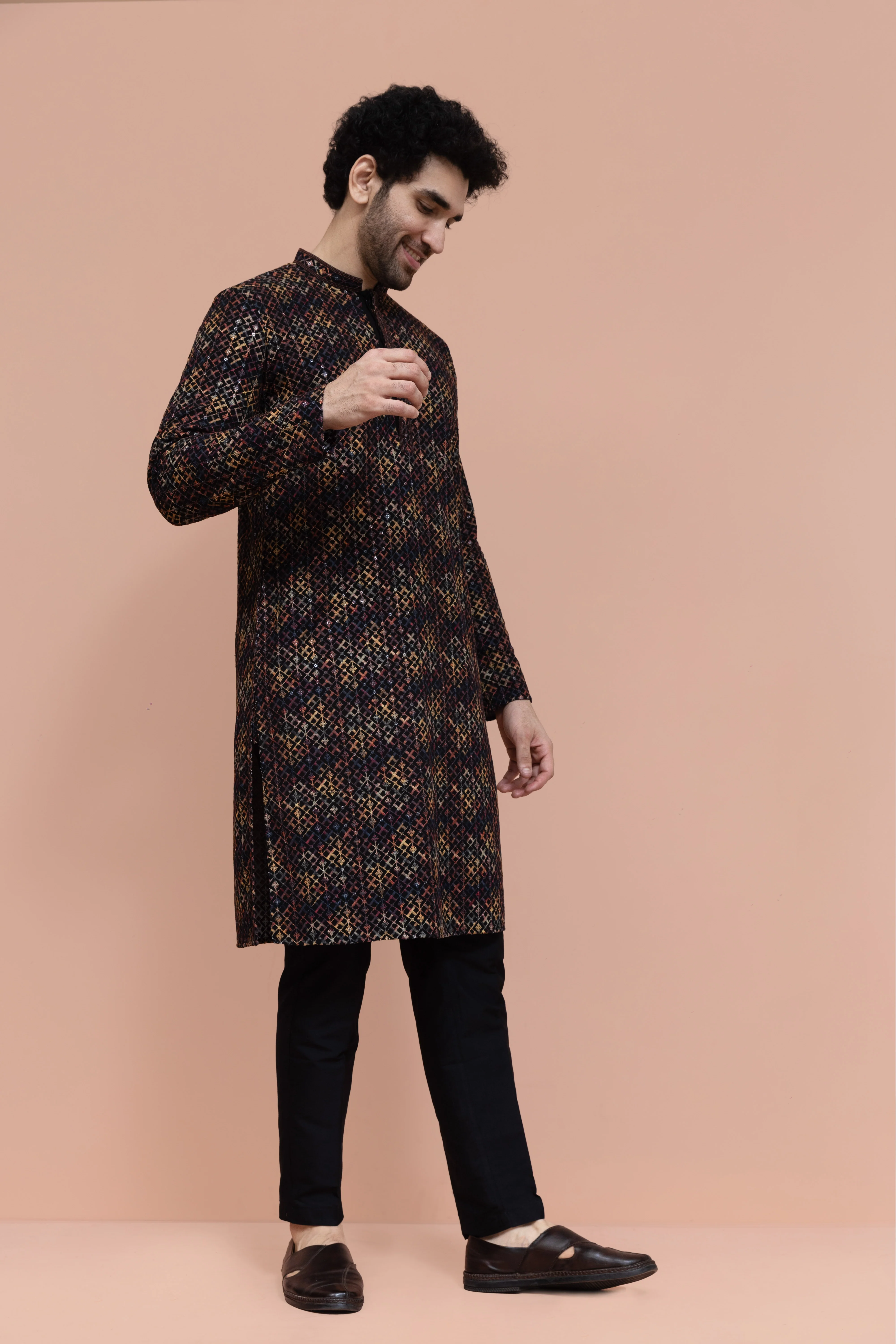 Men Multi Geometric Heavy Thread Work Kurta Trouser Set - Image 3