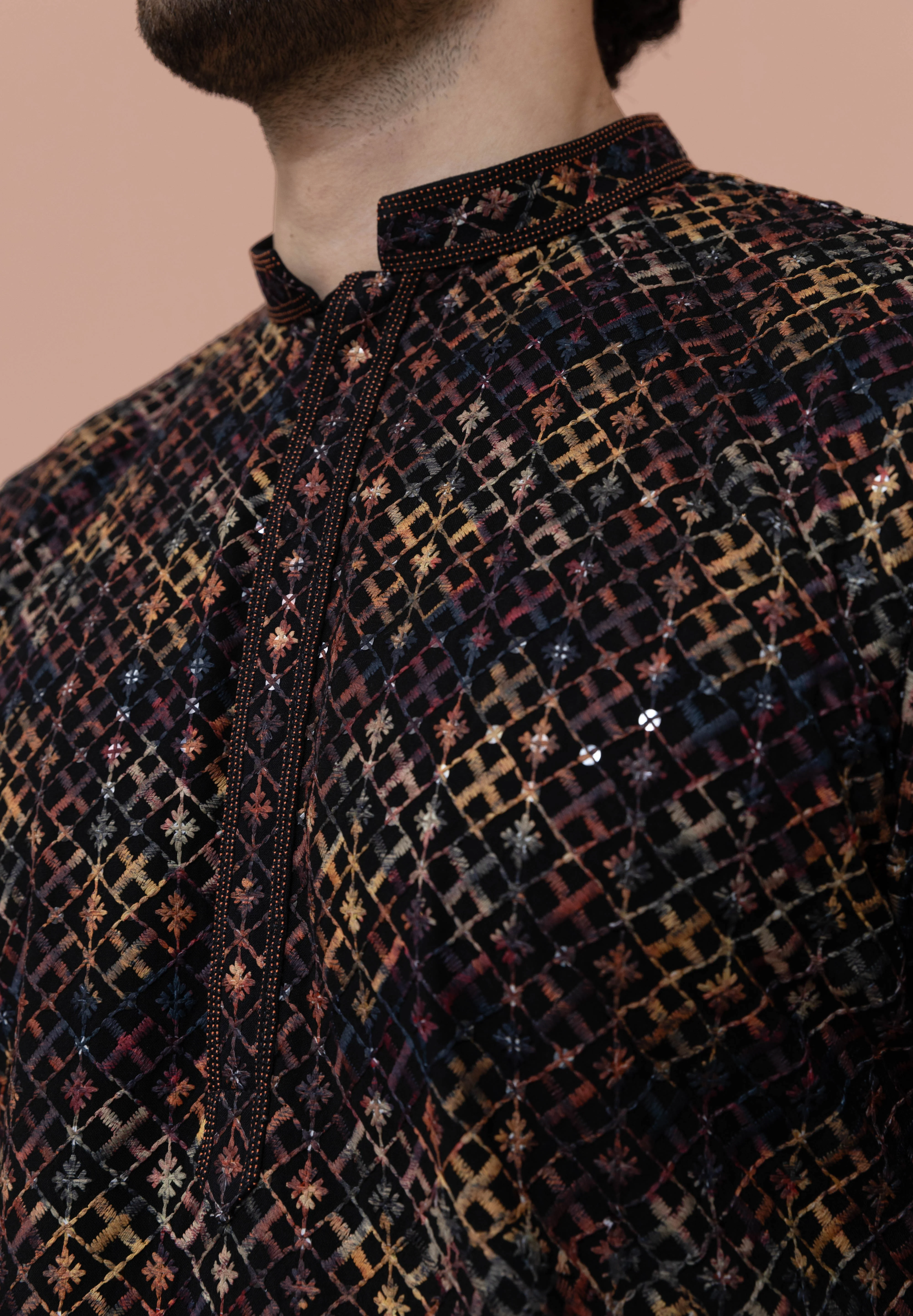 Men Multi Geometric Heavy Thread Work Kurta Trouser Set - Image 5