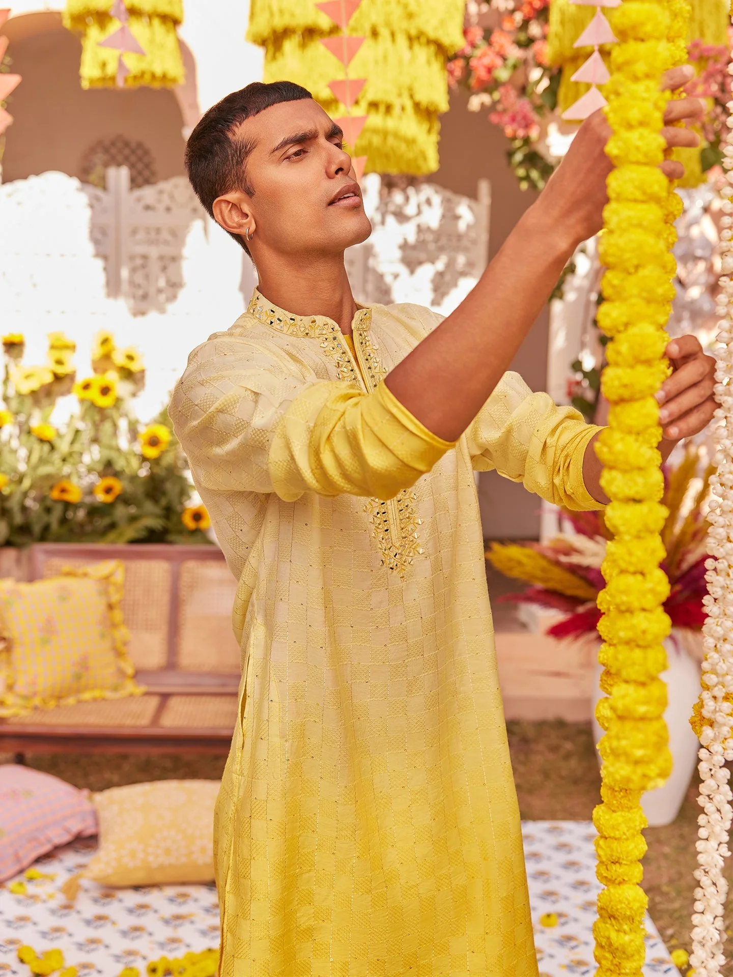 Yellow Silk Blend Mirror Work Kurta - Image 11