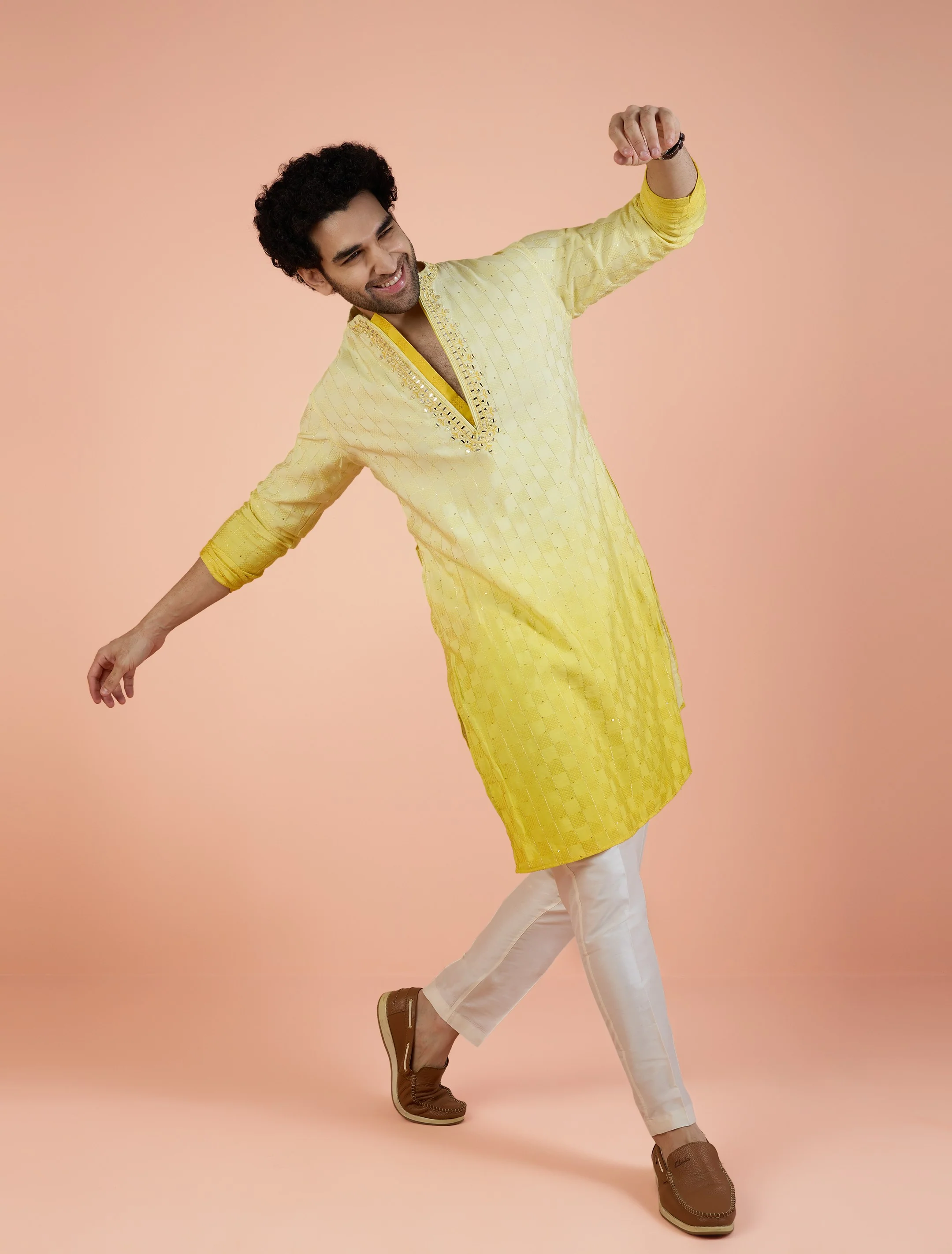 Yellow Silk Blend Mirror Work Kurta - Image 8