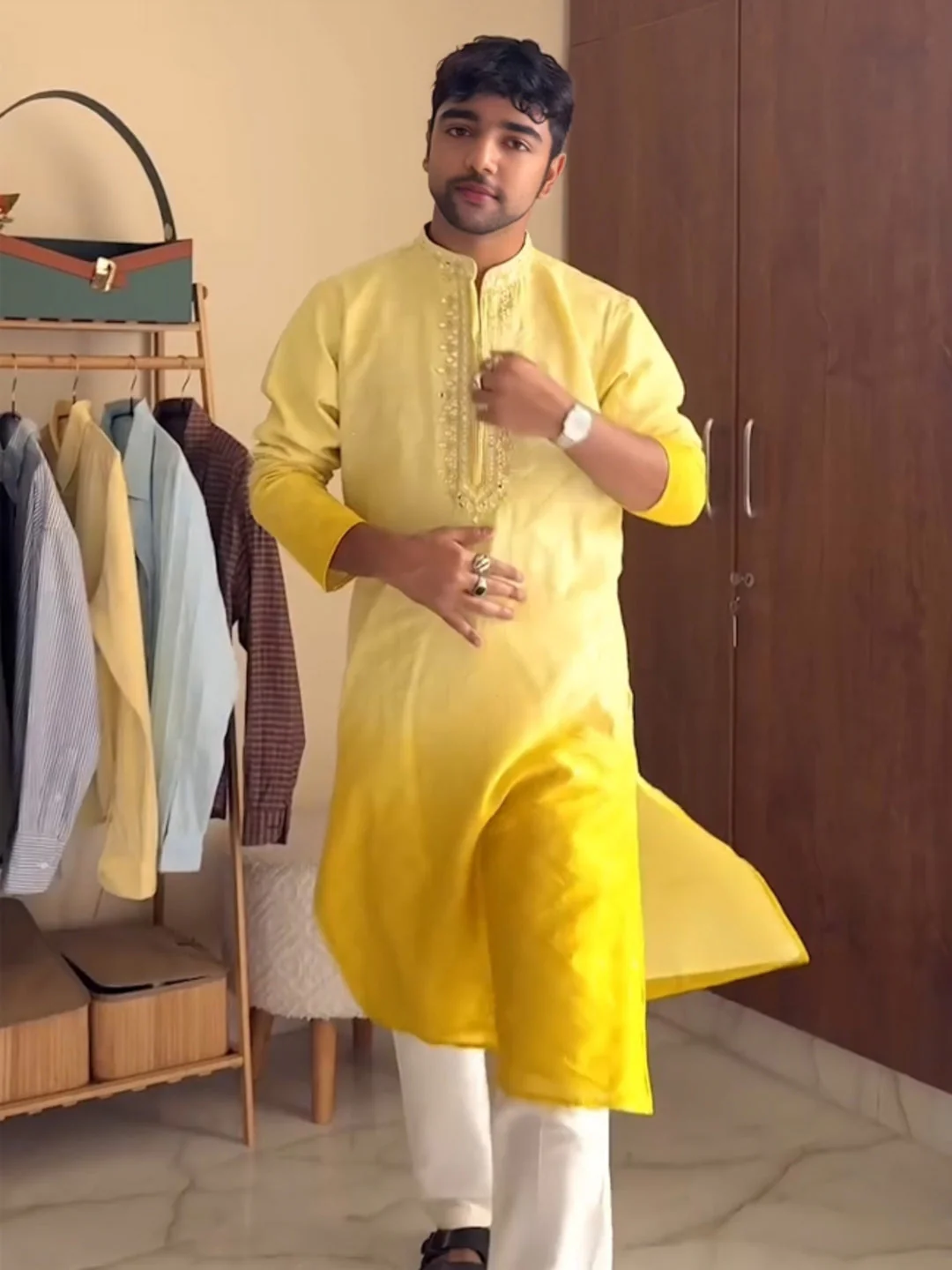 Yellow Silk Blend Mirror Work Ombre Kurta Trouser Set - Image 13