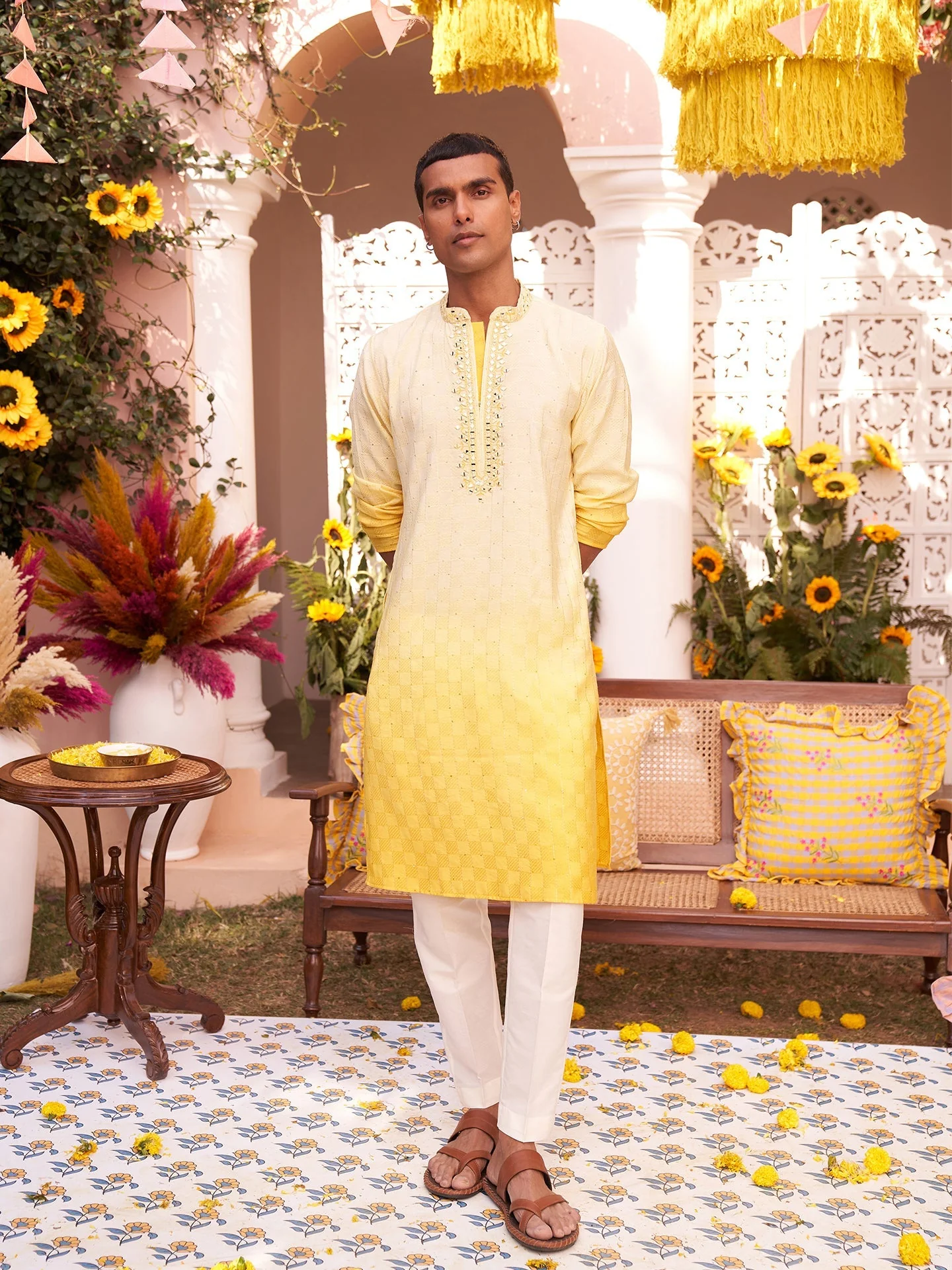 Yellow Silk Blend Mirror Work Ombre Kurta Trouser Set - Image 14