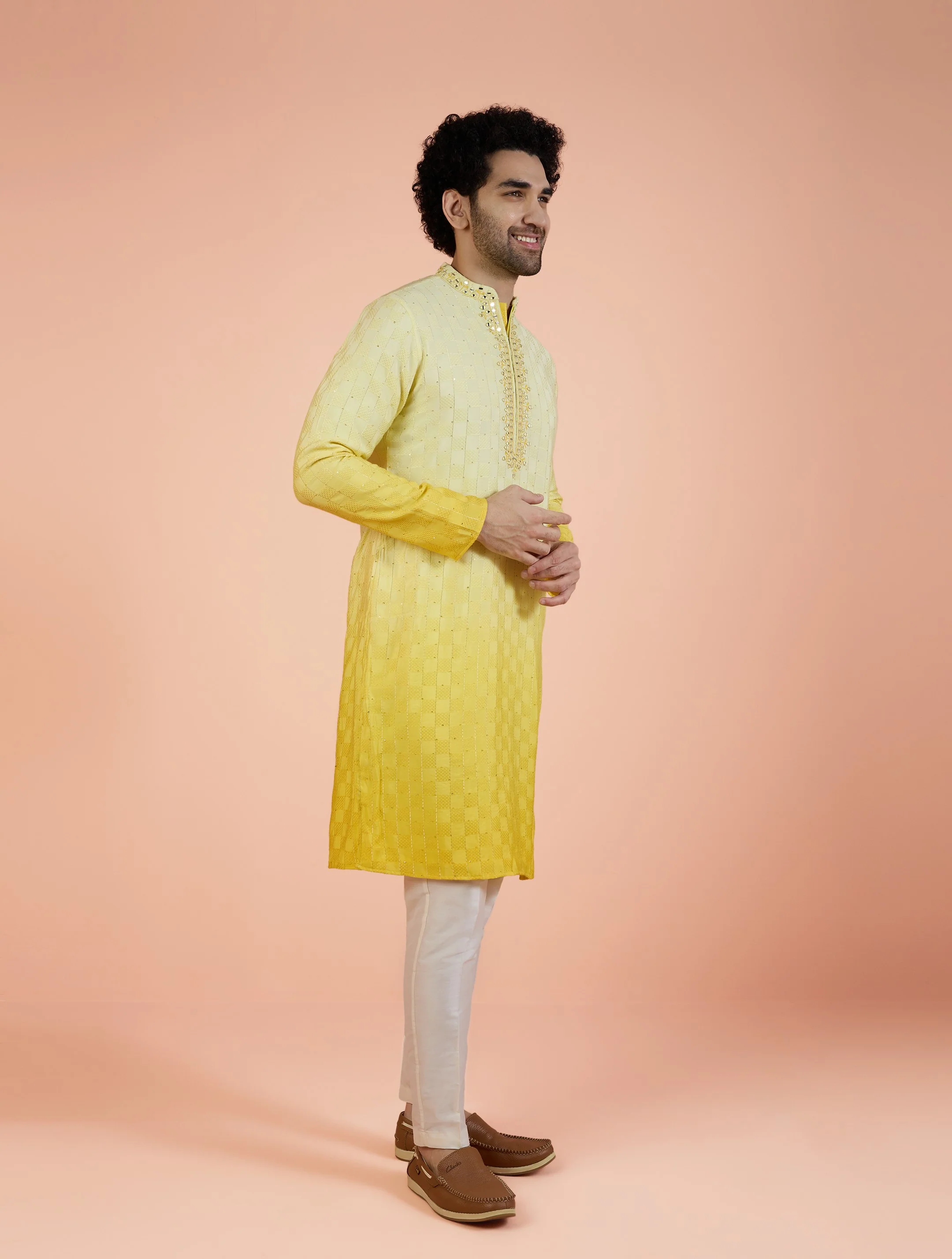 Yellow Silk Blend Mirror Work Ombre Kurta Trouser Set - Image 3
