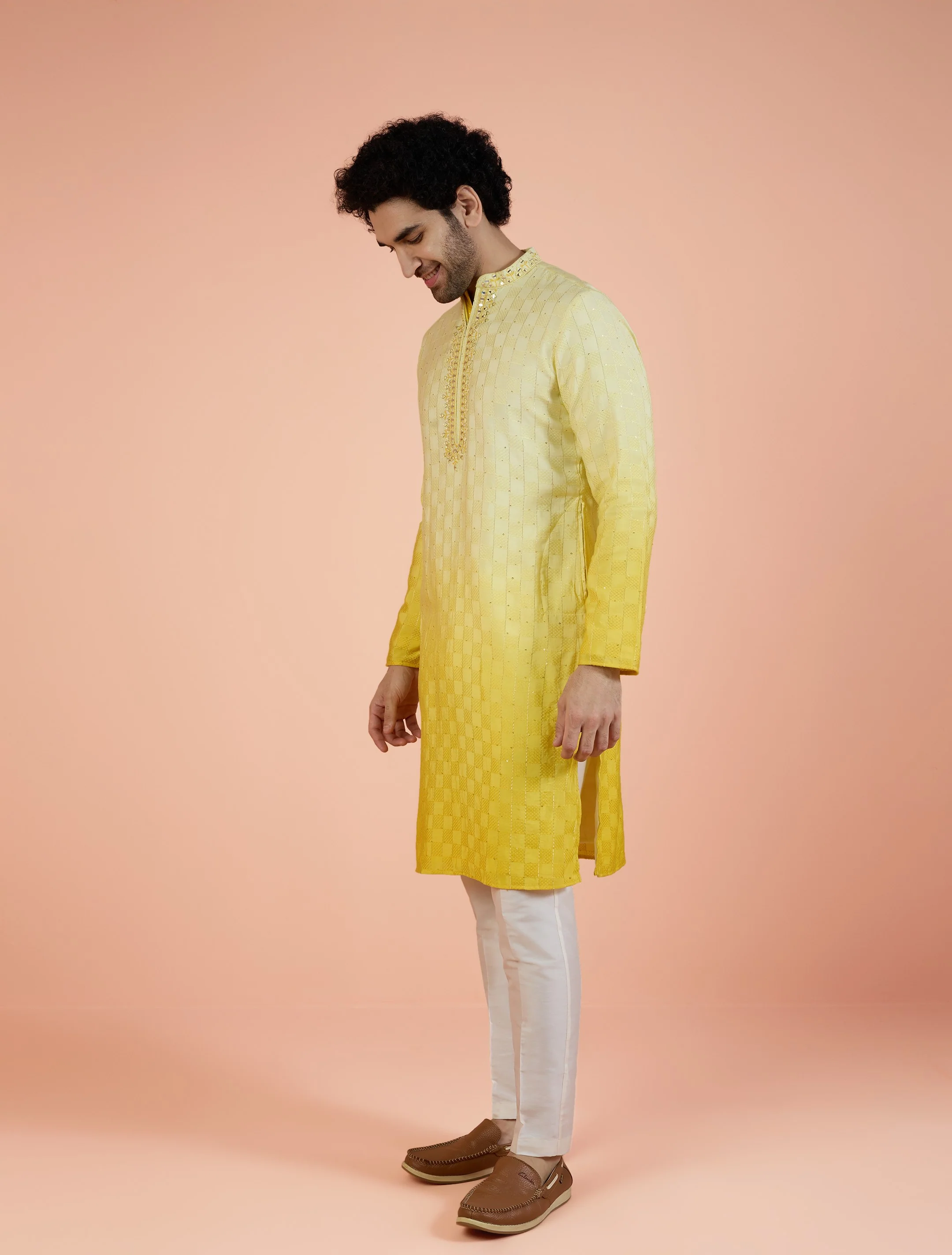 Yellow Silk Blend Mirror Work Ombre Kurta Trouser Set - Image 4