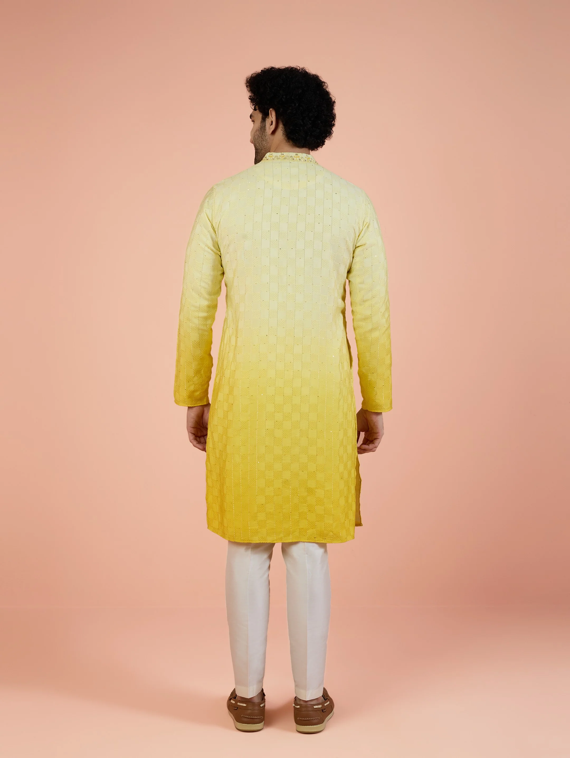 Yellow Silk Blend Mirror Work Ombre Kurta Trouser Set - Image 5