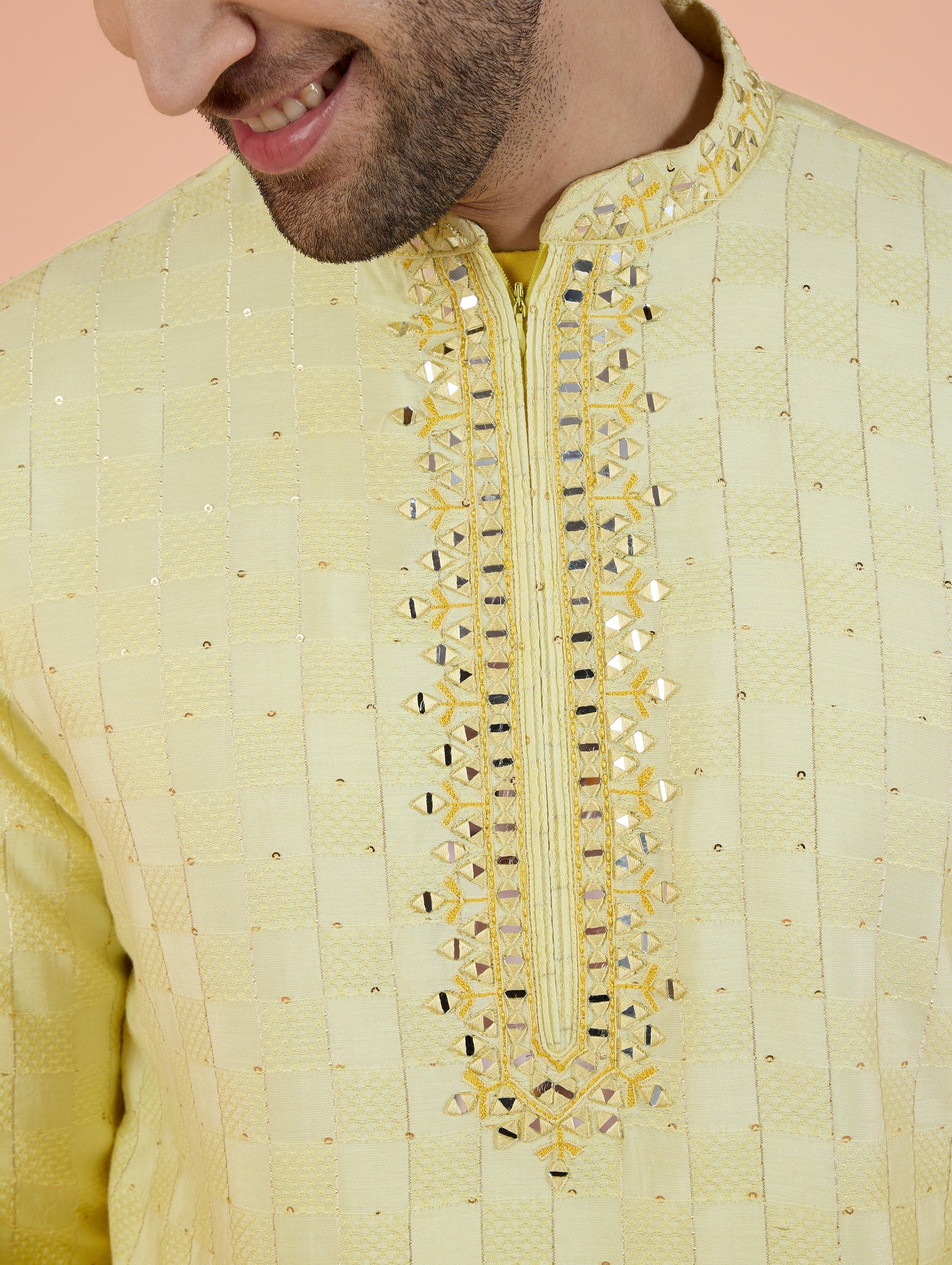 Yellow Silk Blend Mirror Work Ombre Kurta Trouser Set - Image 6