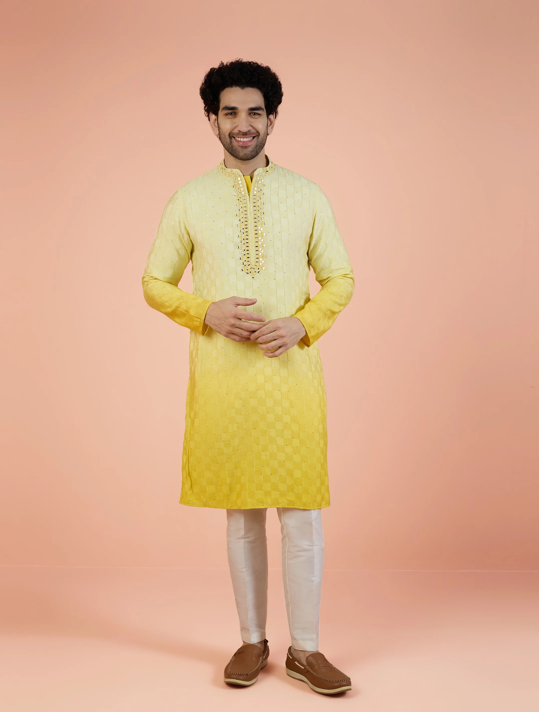 Yellow Silk Blend Mirror Work Ombre Kurta Trouser Set - Image 9