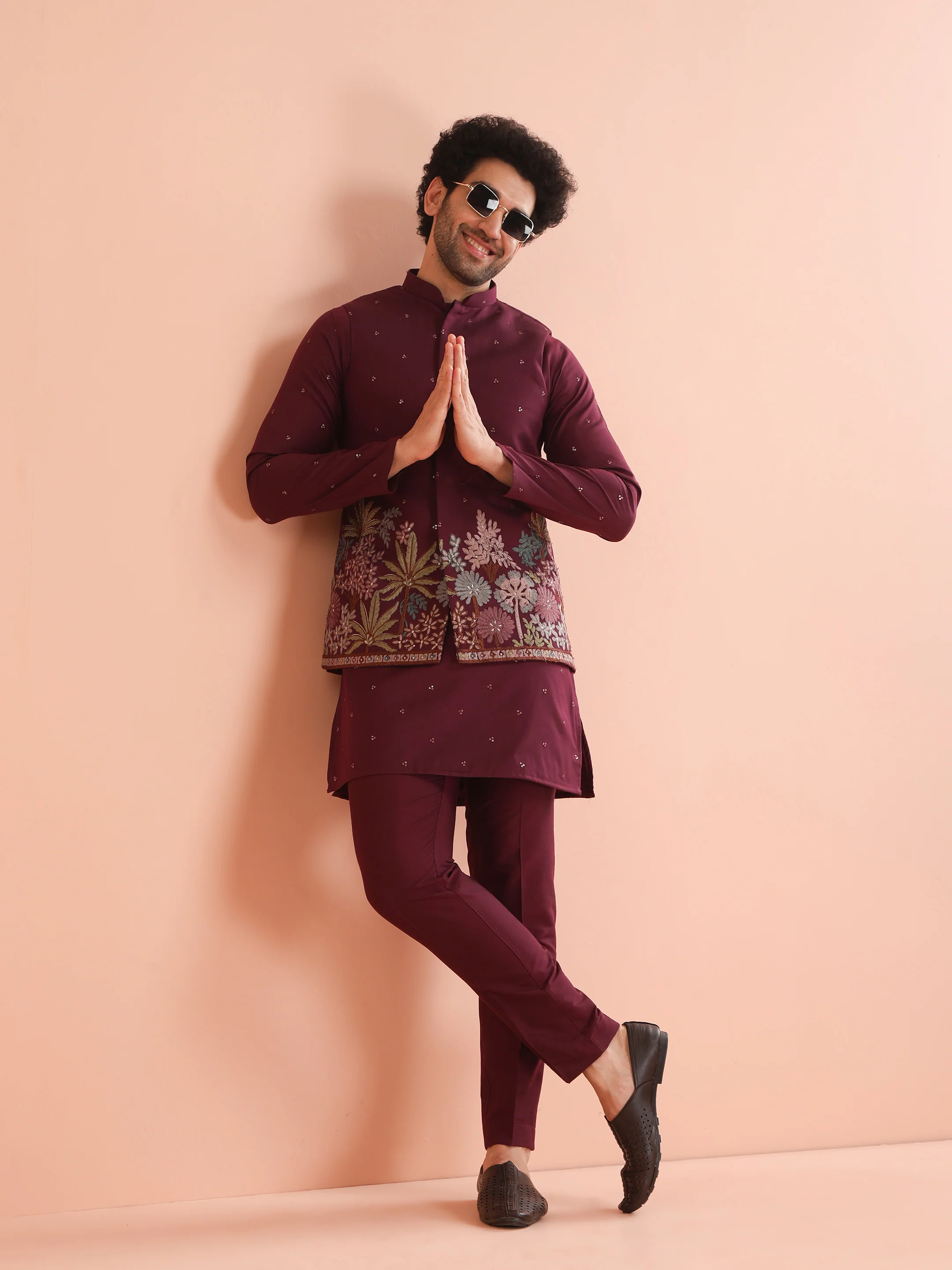 Wine Embroidered Floral Jacket Kurta Trouser Set - Image 2
