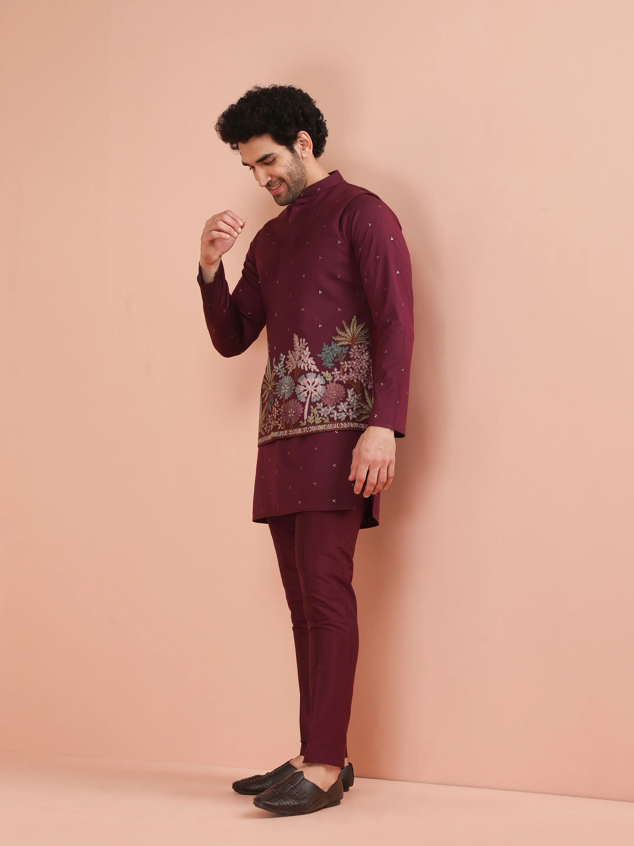 Wine Embroidered Floral Jacket Kurta Trouser Set - Image 4