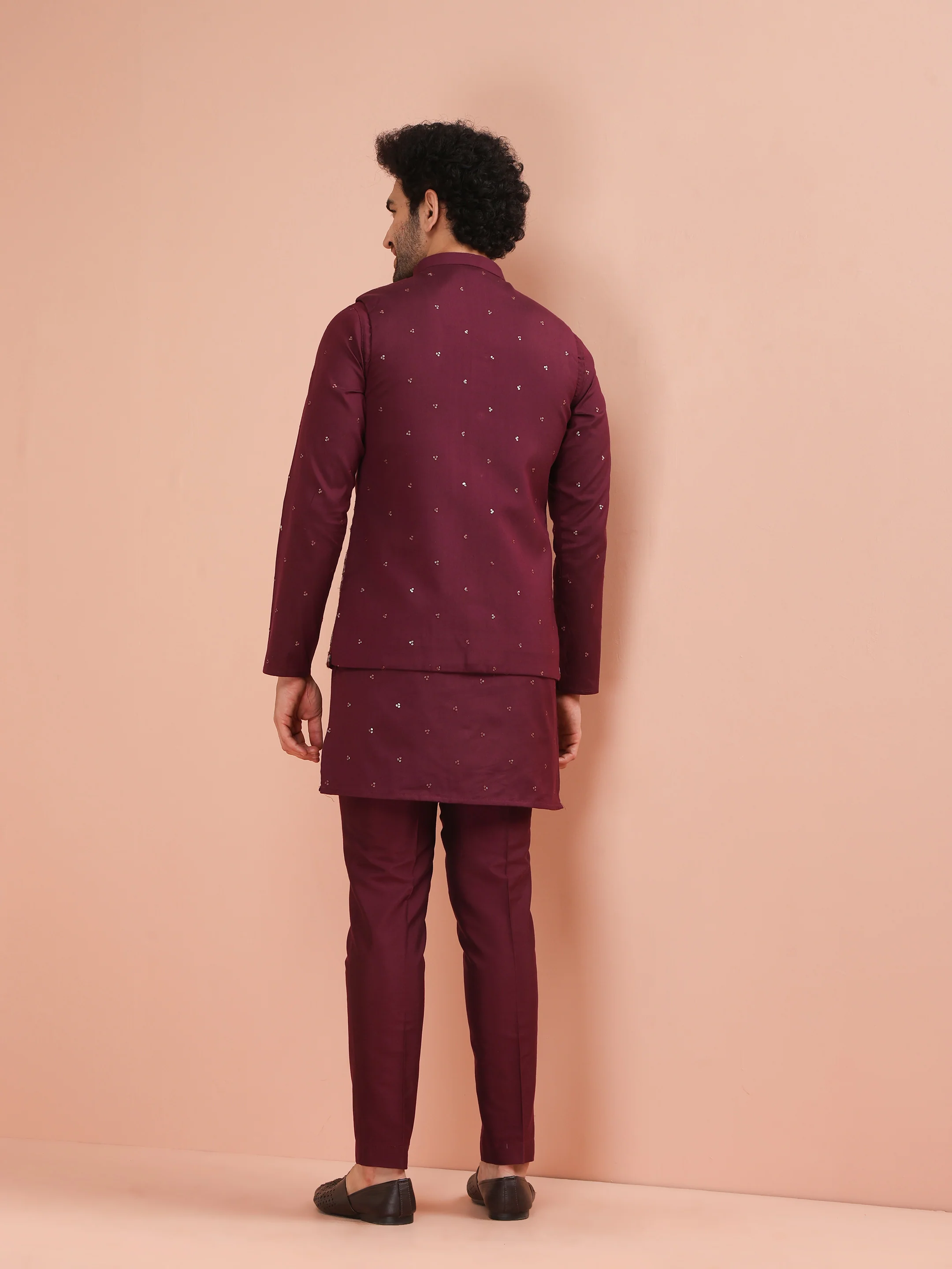 Wine Embroidered Floral Jacket Kurta Trouser Set - Image 5
