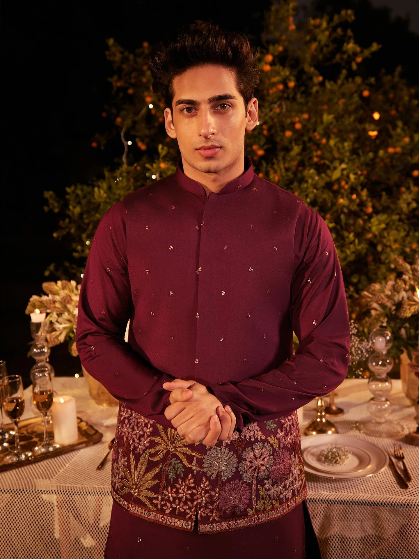 Wine Embroidered Floral Jacket Kurta Trouser Set - Image 9