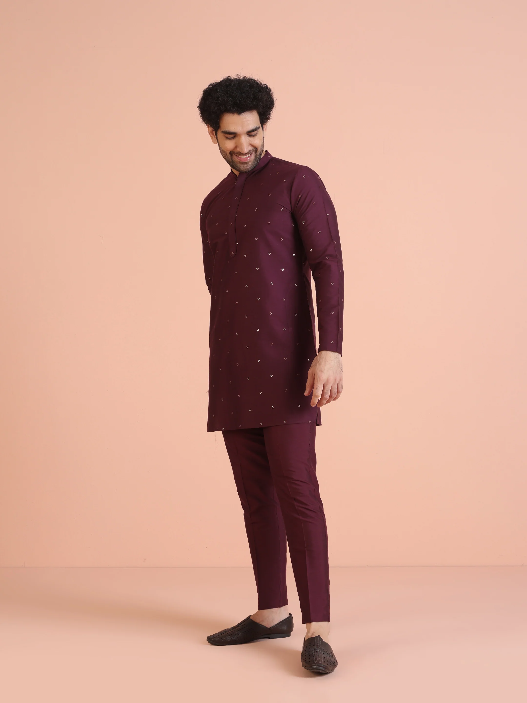 Men Wine Embellished Kurta with Sequined - Image 3