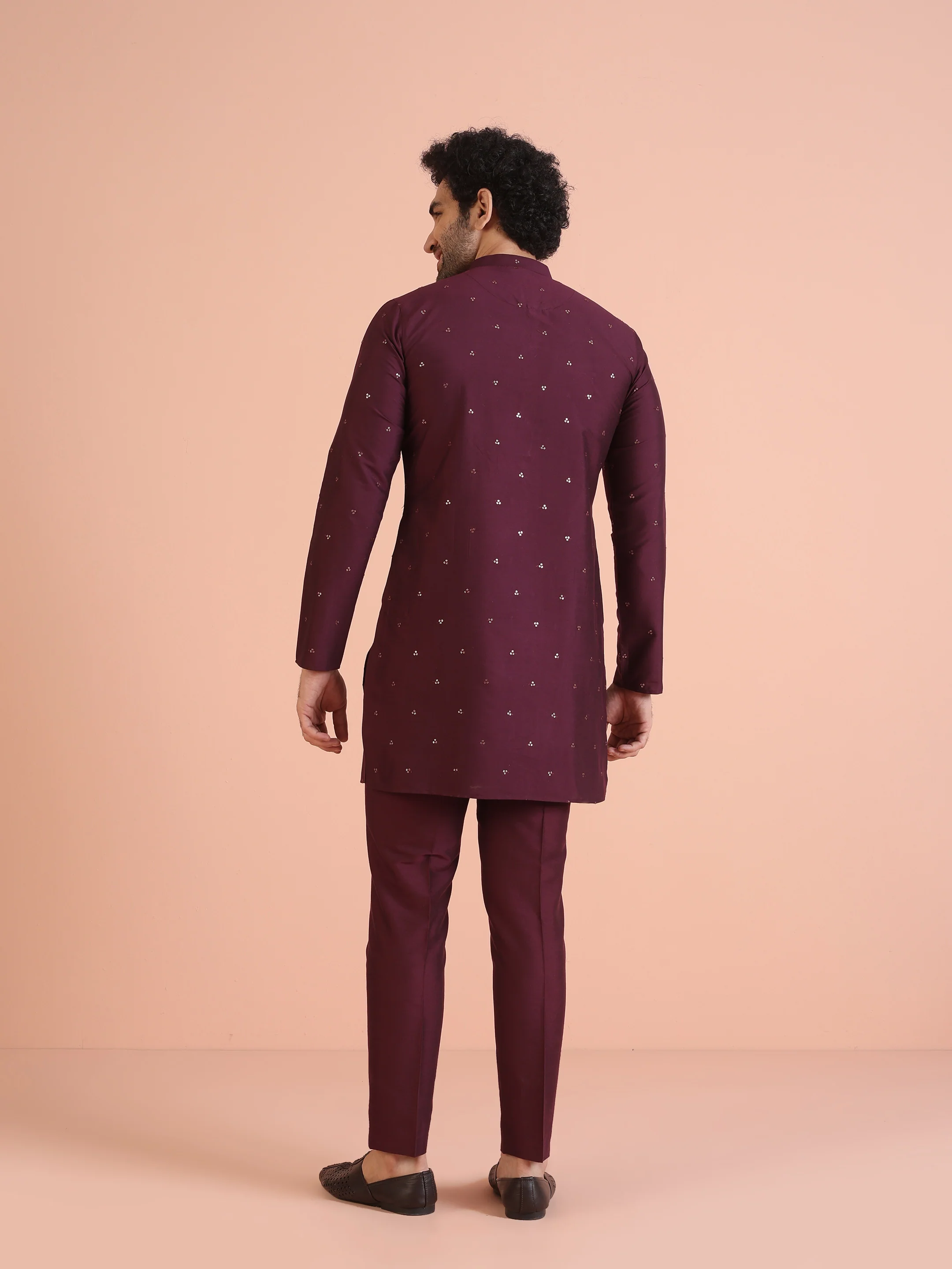 Men Wine Embellished Kurta with Sequined - Image 4