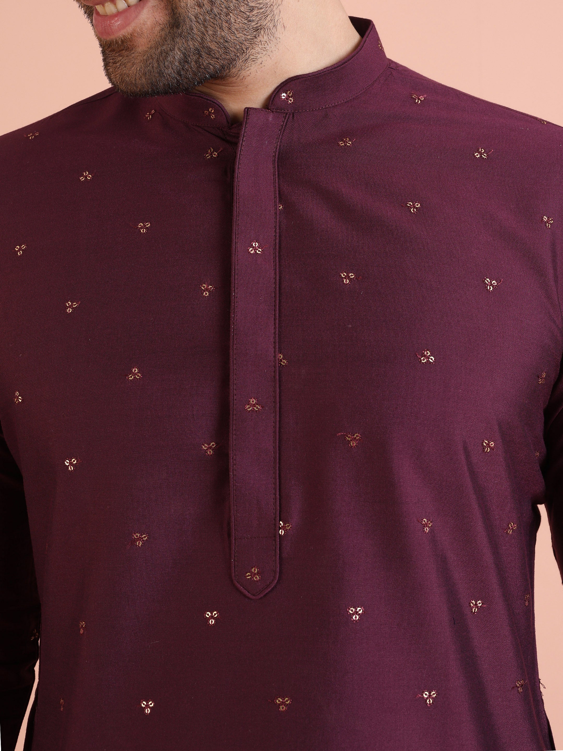 Men Wine Embellished Kurta with Sequined - Image 5