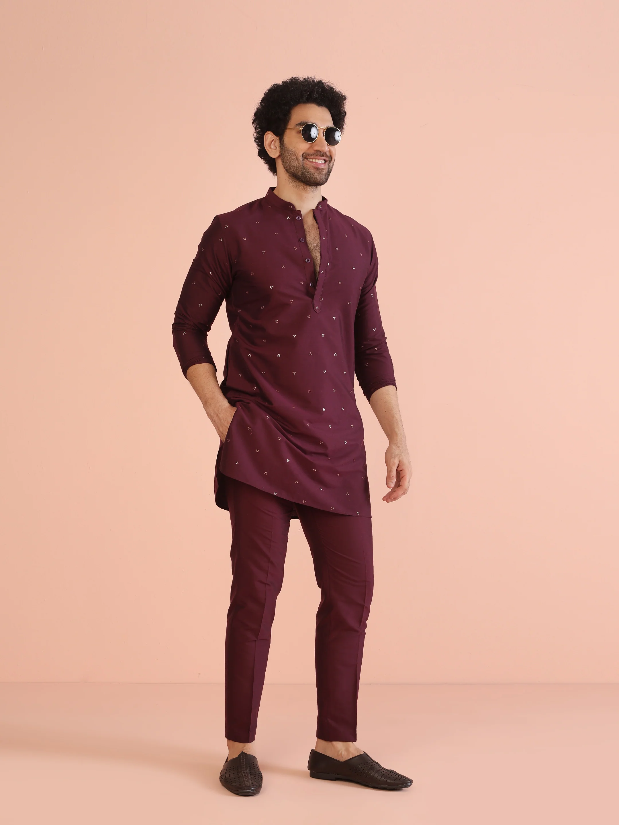 Men Wine Embellished Kurta with Sequined - Image 7