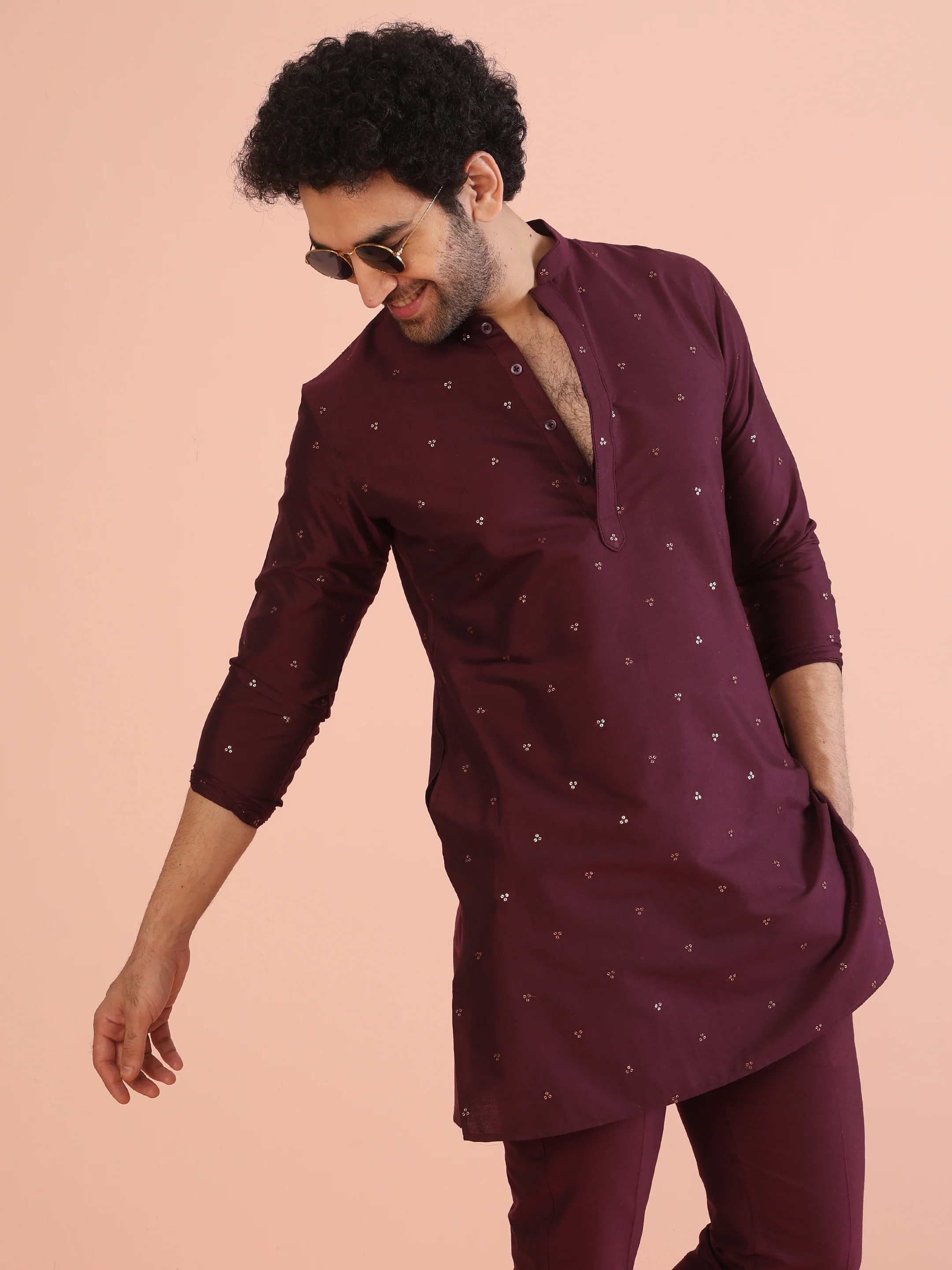 Men Wine Embellished Kurta with Sequined - Image 8