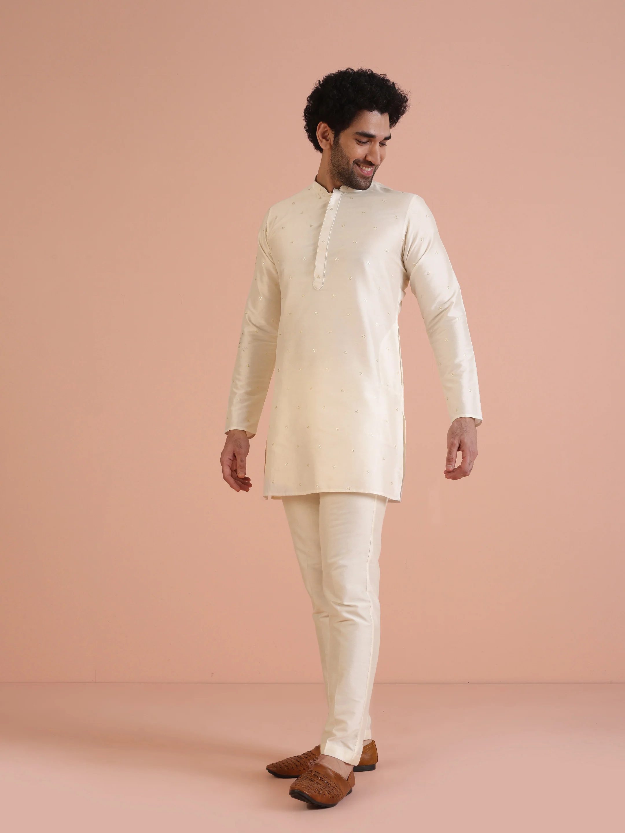 Men Off White Embroidered Sequinned Mid Kurta Trouser Set - Image 3