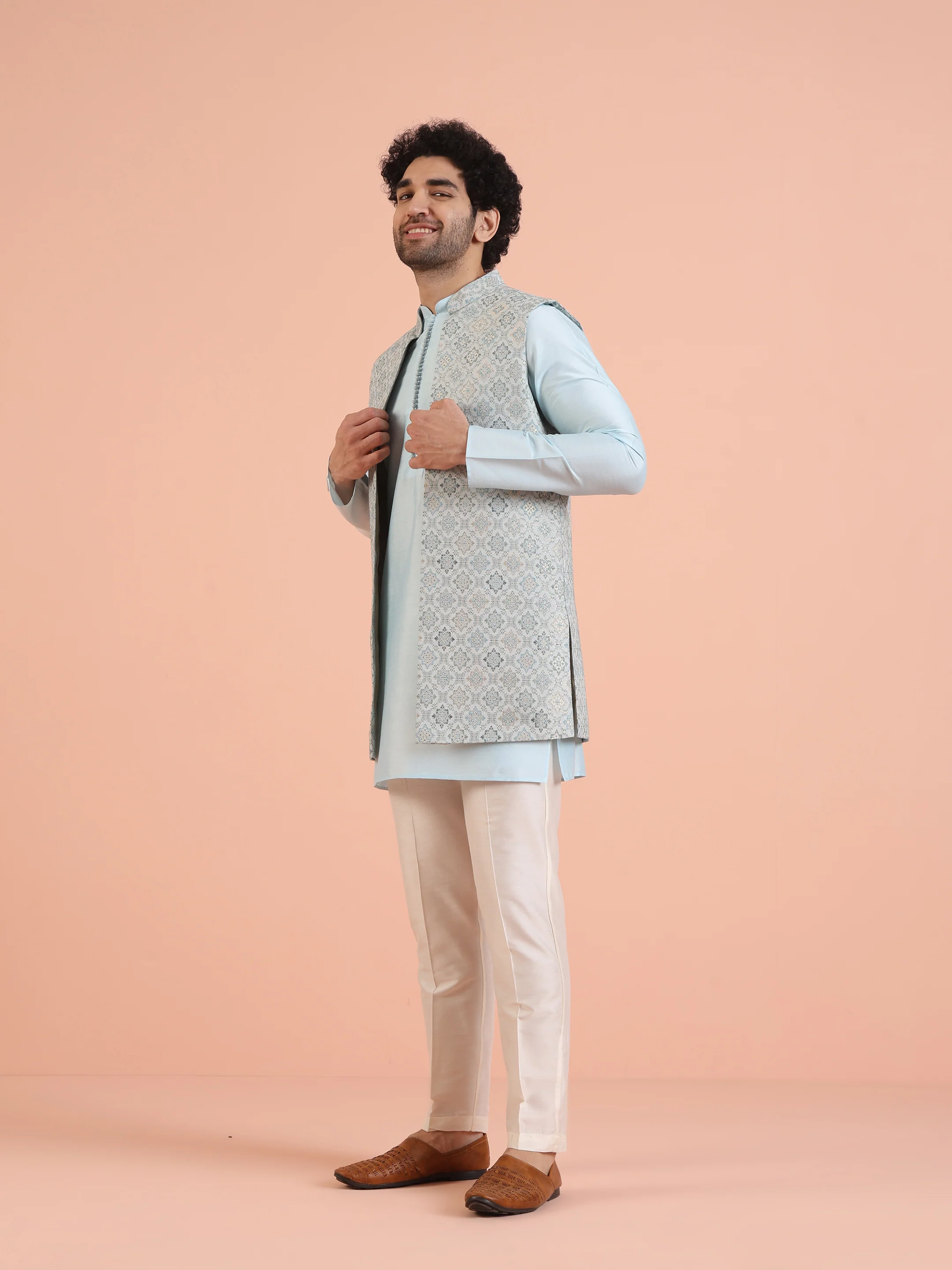 Light Blue Jacquard Nehru Jacket Kurta Set - Image 3