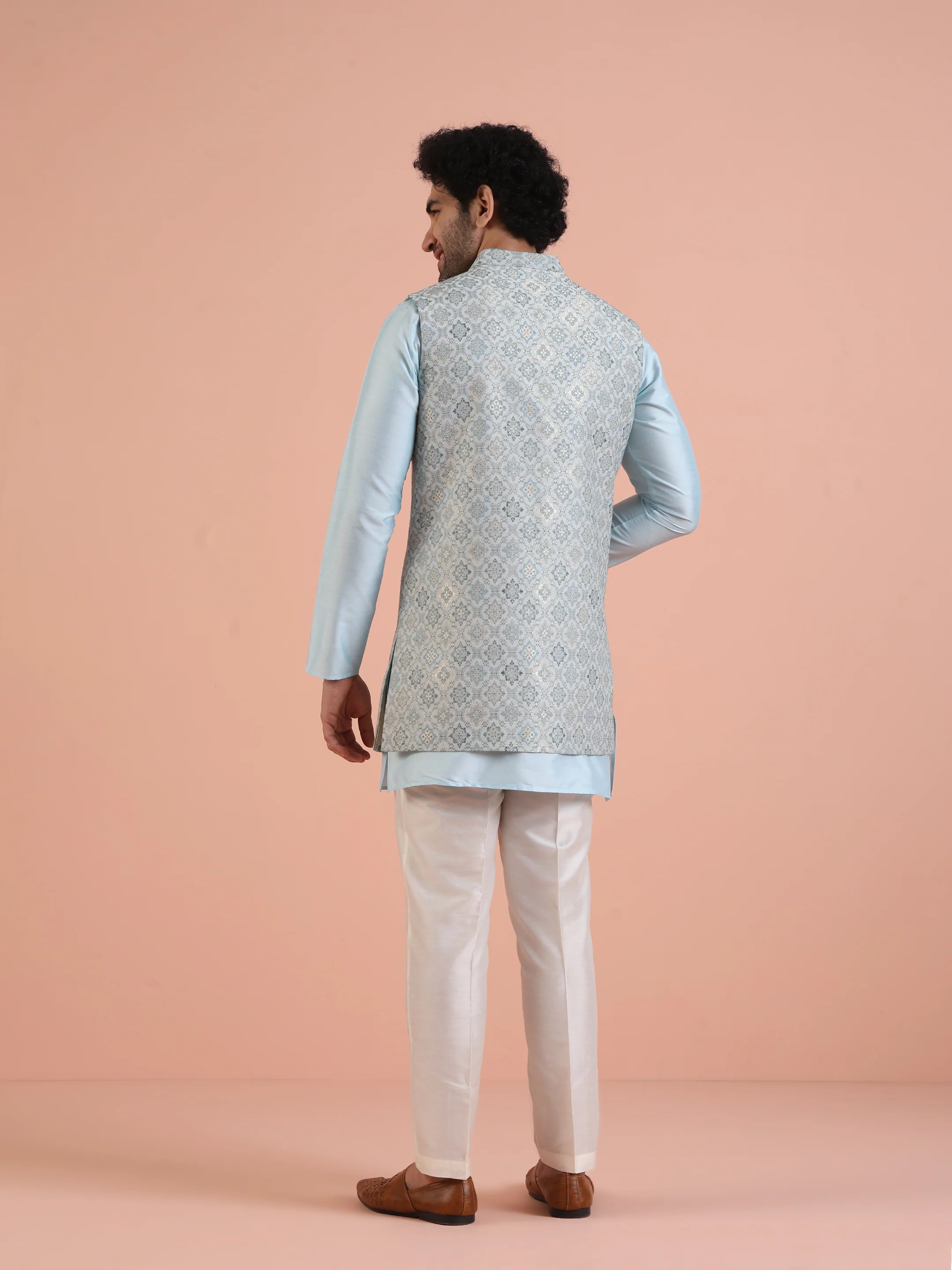 Light Blue Jacquard Nehru Jacket Kurta Set - Image 4