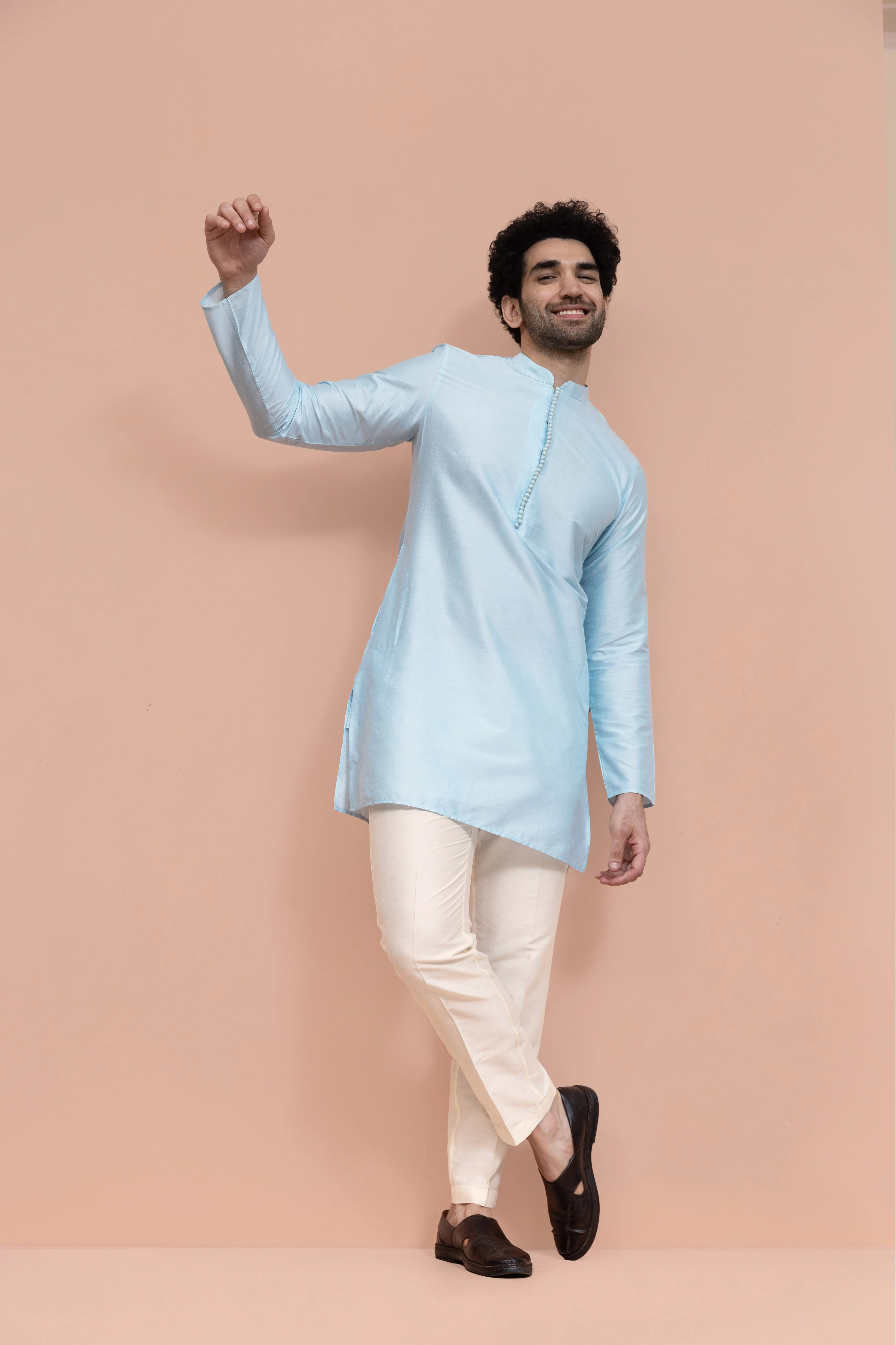 Men Blue Embroidered Sequinned Mid Kurta Trouser Set