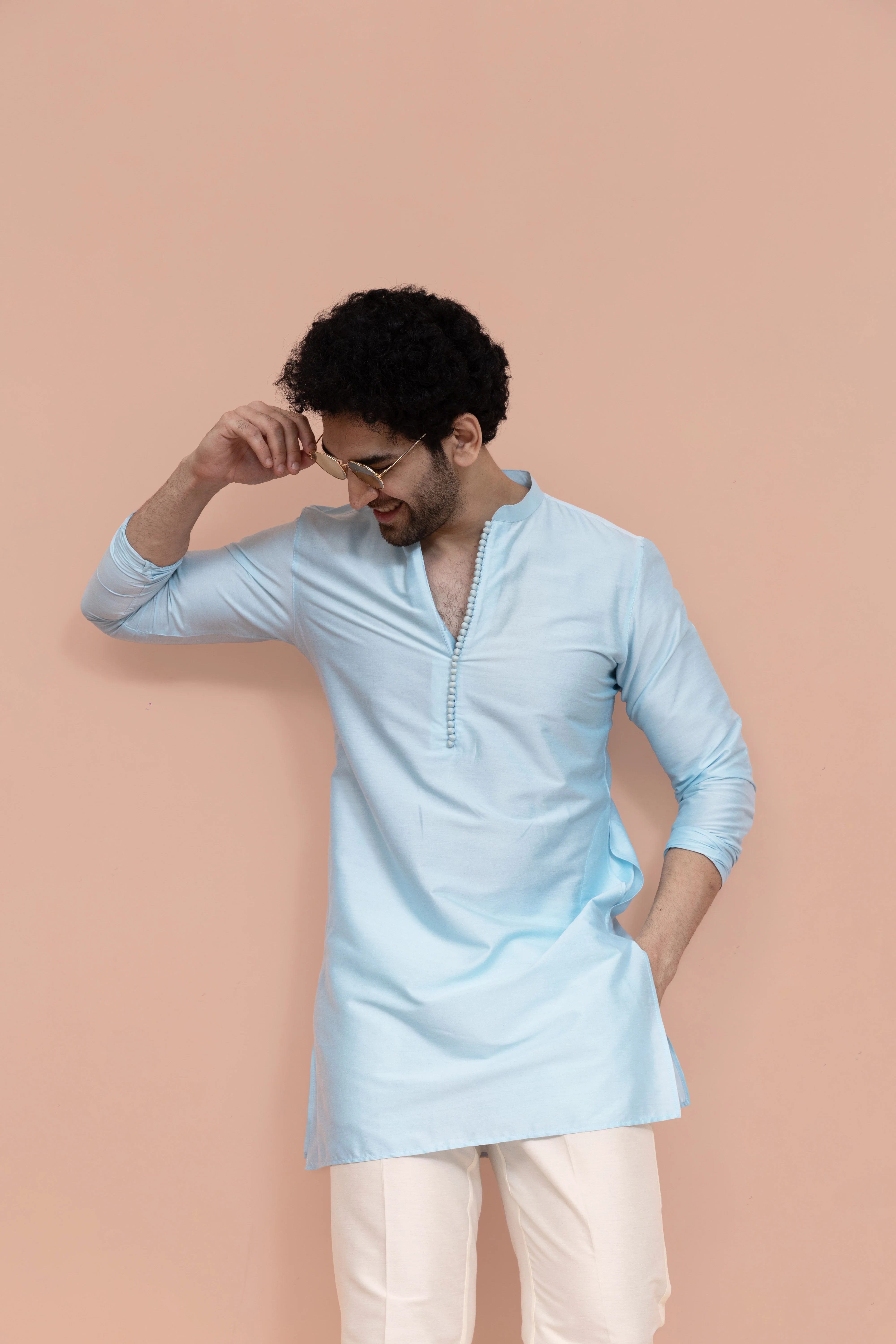 Men Blue Embroidered Sequinned Mid Kurta Trouser Set - Image 7