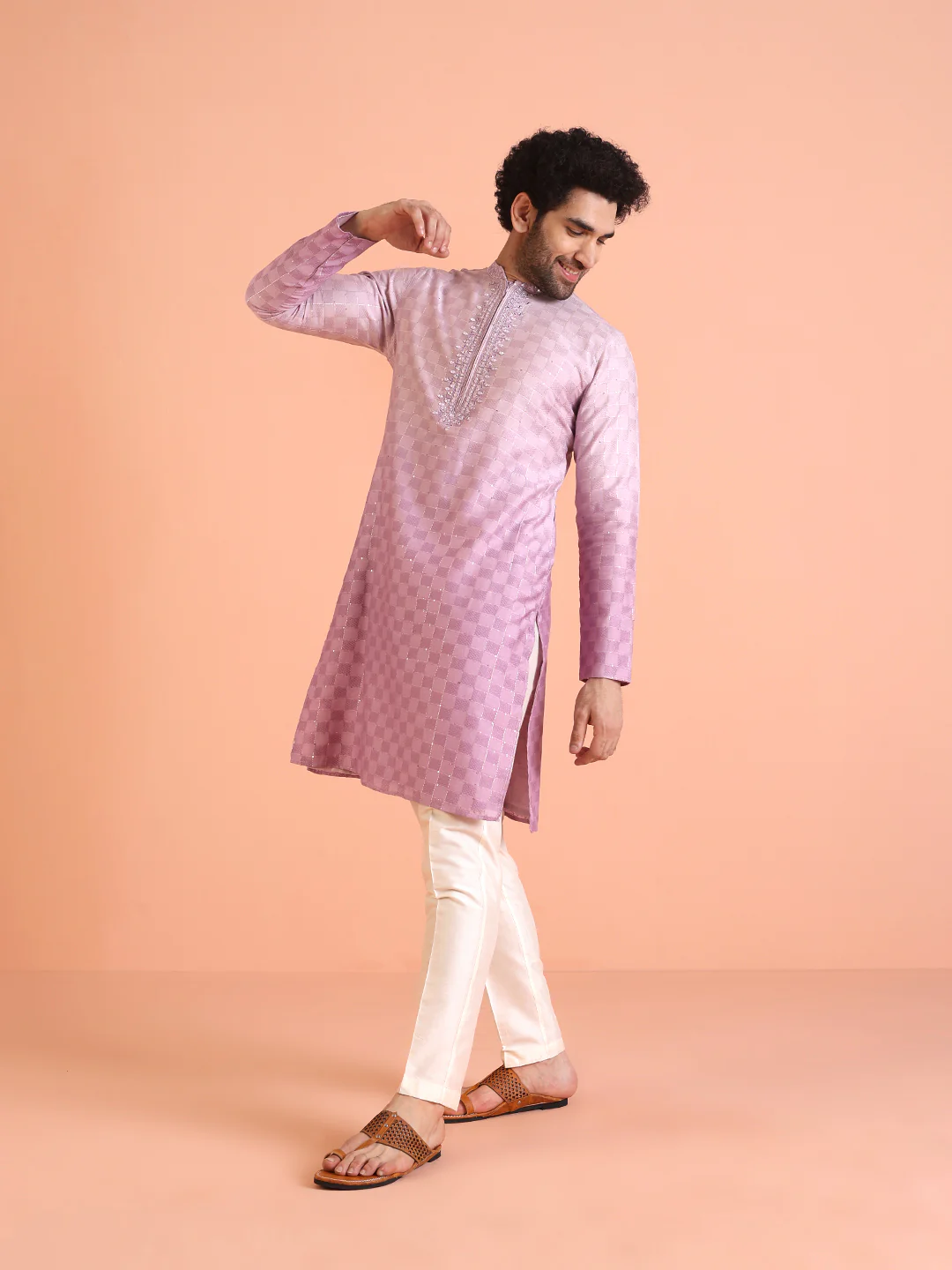 Men Ombre Embellished Mirror Work Kurta Trouser Set - Image 3