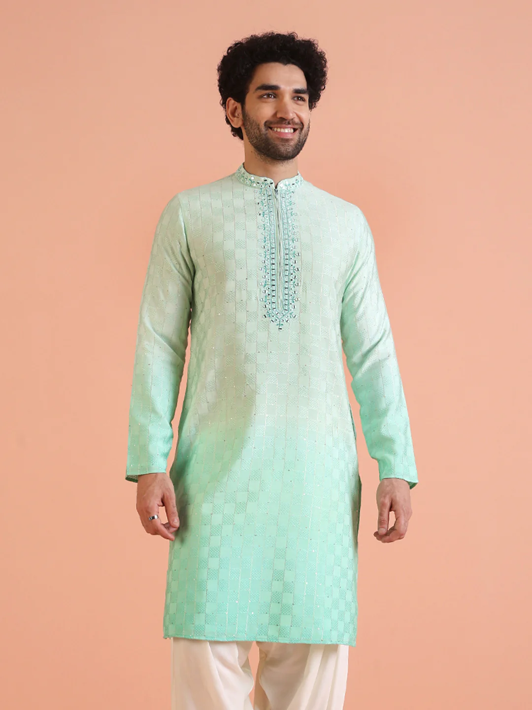 Men Ombre Embellished Mirror Work Kurta