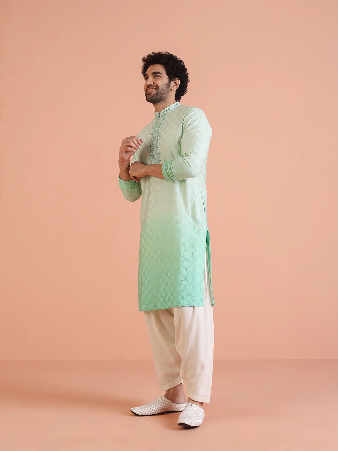 Men Ombre Embellished Mirror Work Kurta - Image 3