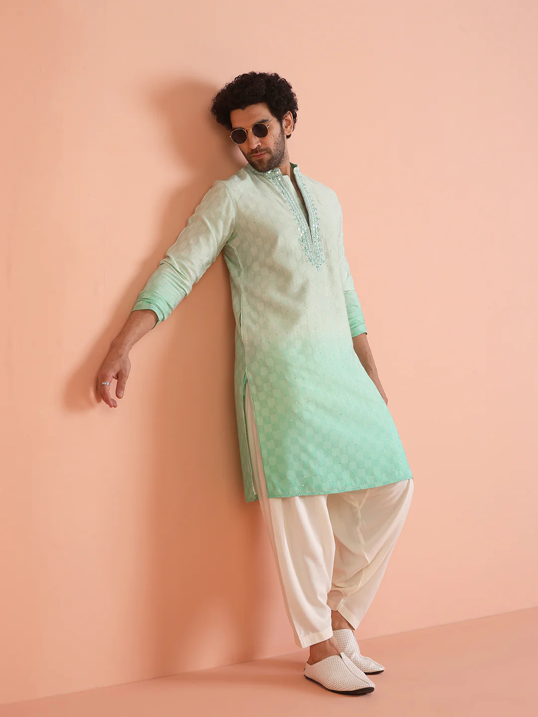Men Ombre Embellished Mirror Work Kurta Patiyala Set