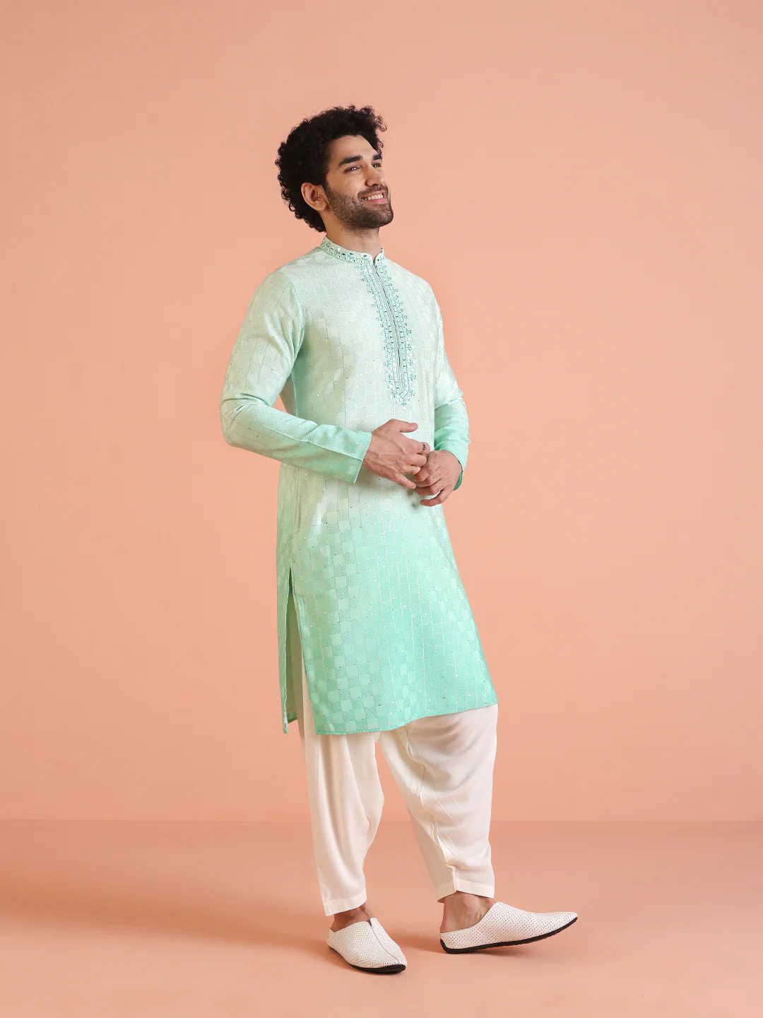 Men Ombre Embellished Mirror Work Kurta Patiyala Set - Image 2