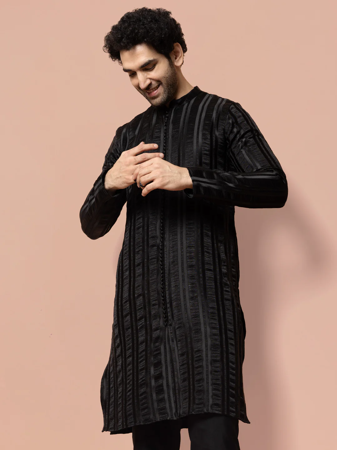 Men Black Self Design Woven Design Front Open Kurta
