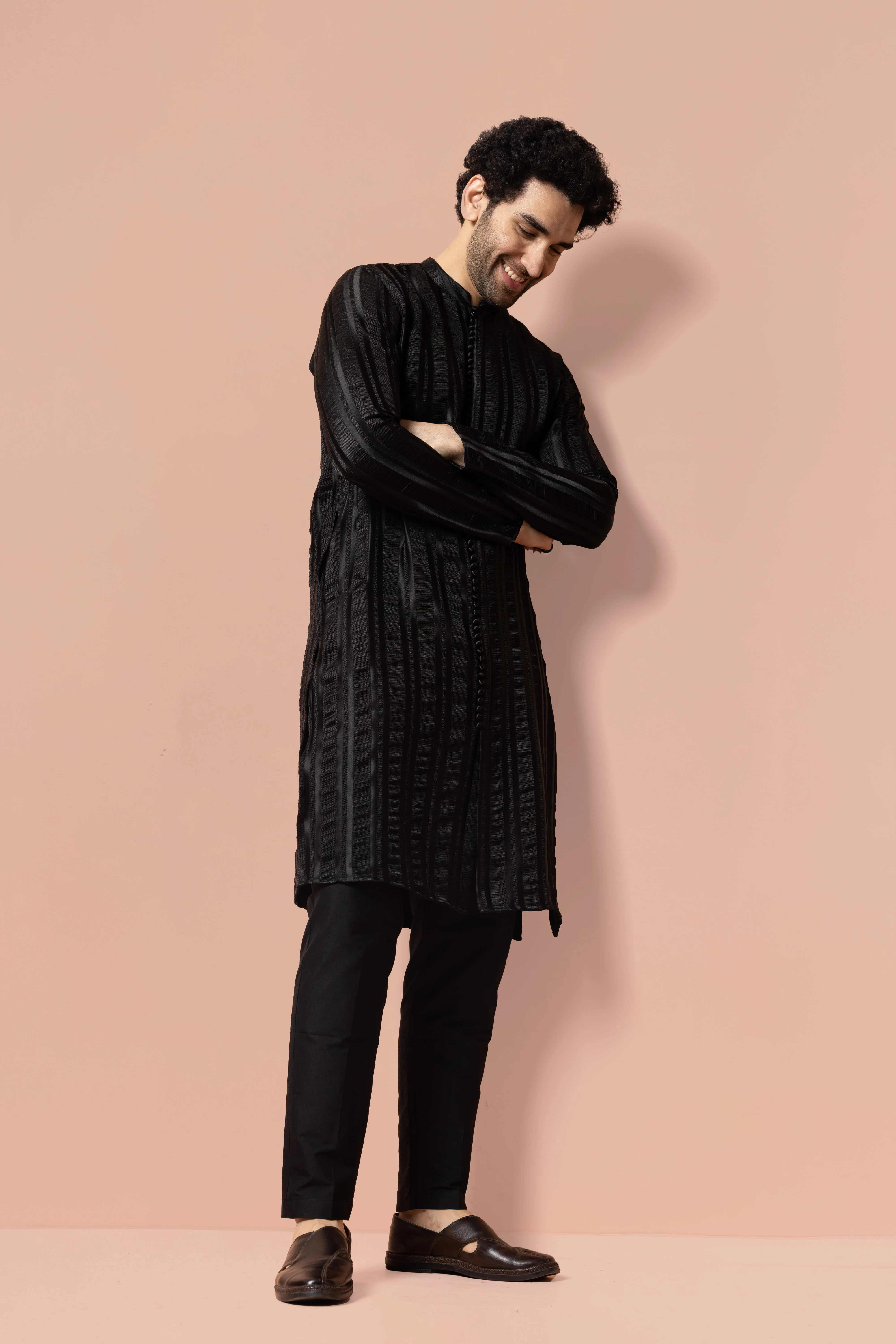 Men Black Self Design Woven Design Front Open Kurta - Image 2