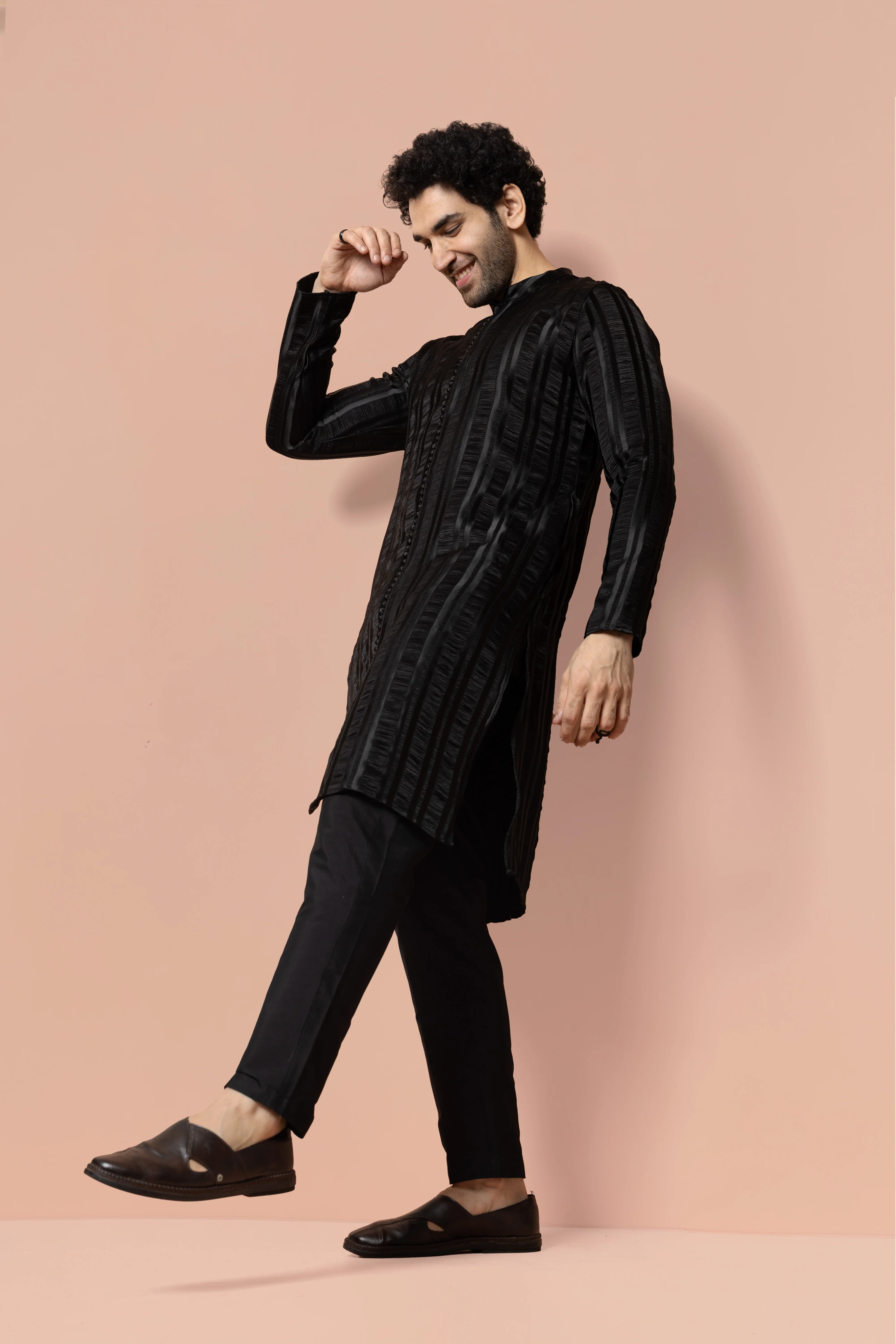 Men Black Self Design Woven Design Front Open Kurta - Image 3