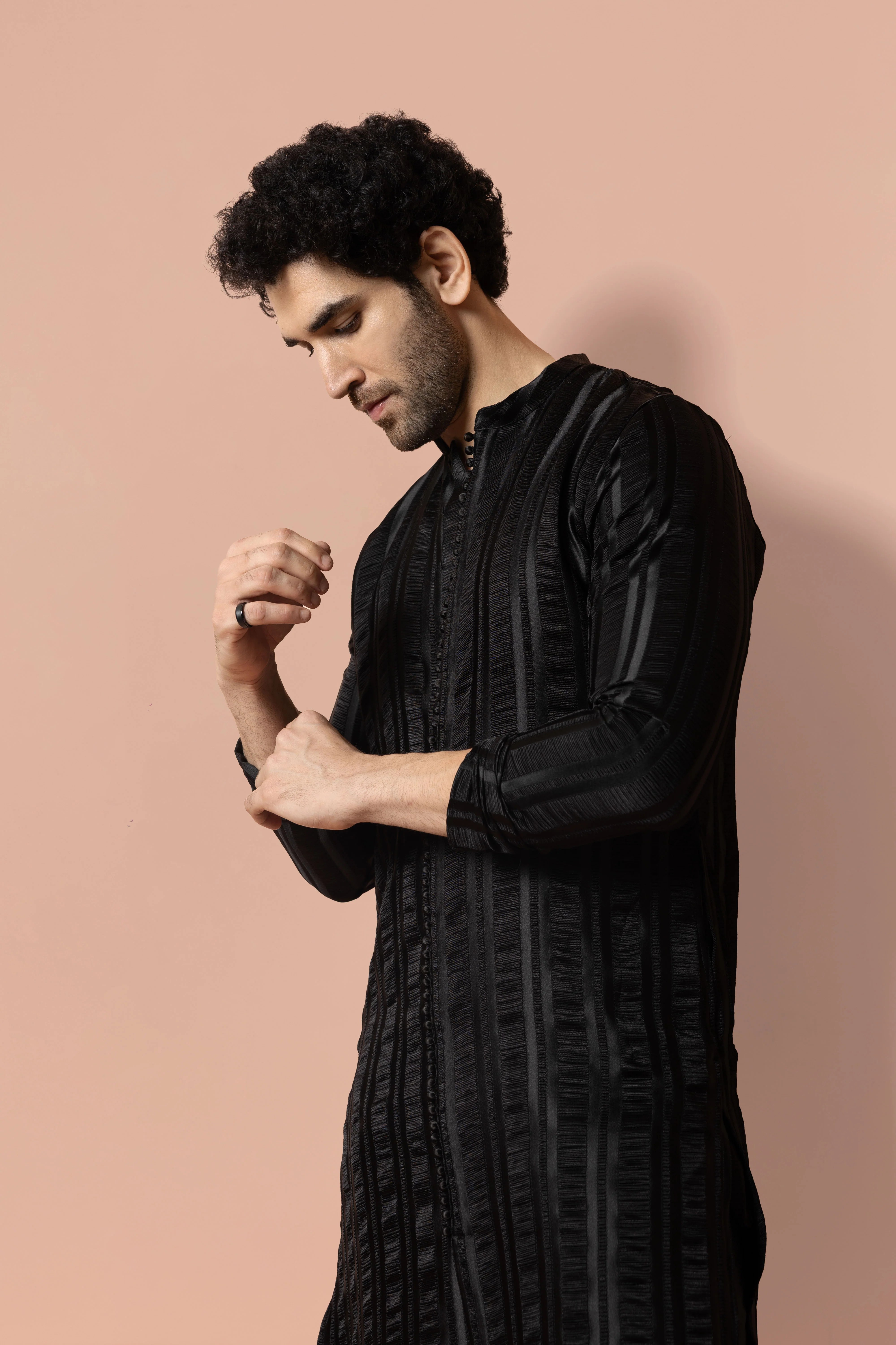 Men Black Self Design Woven Design Front Open Kurta - Image 5