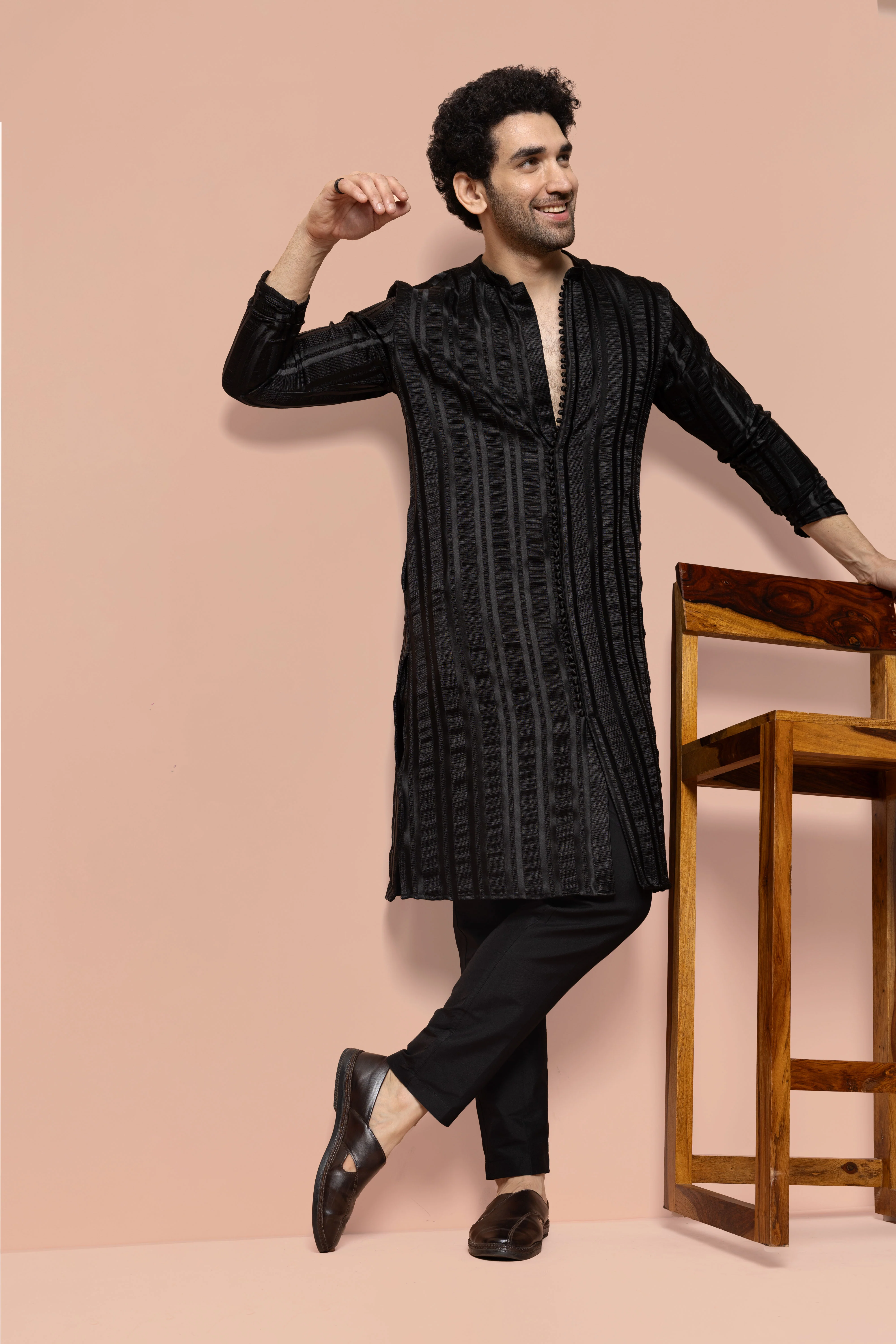 Men Black Self Design Woven Design Front Open Kurta - Image 6