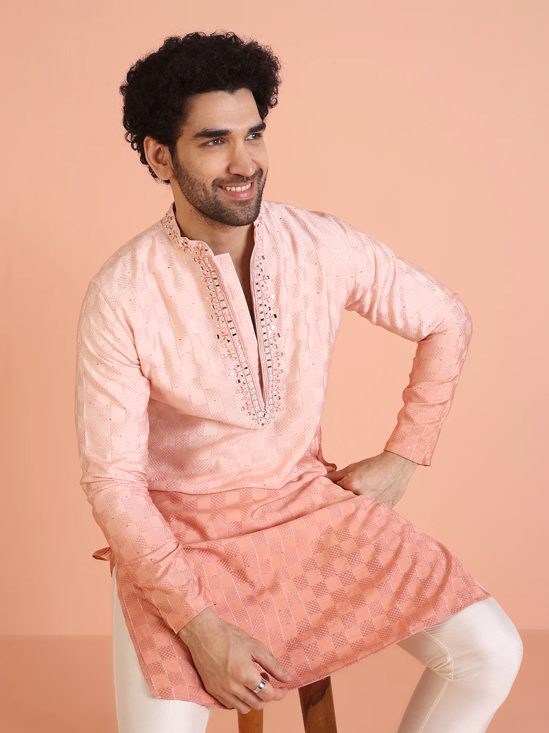 Men Ombre Embellished Mirror Work Kurta - Image 6