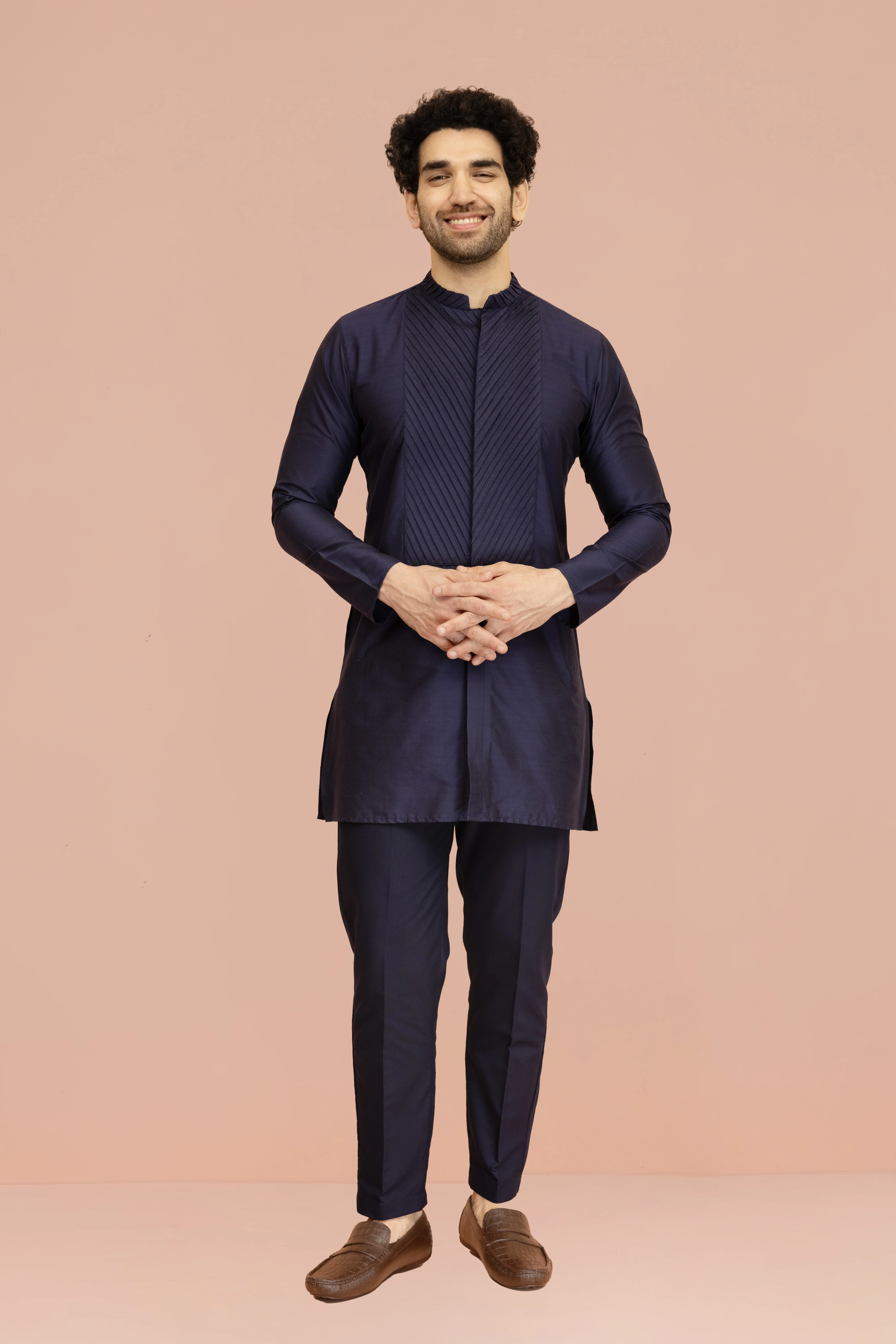 Men Navy Blue Yoke Design Pleating Front Open Kurta - Image 6