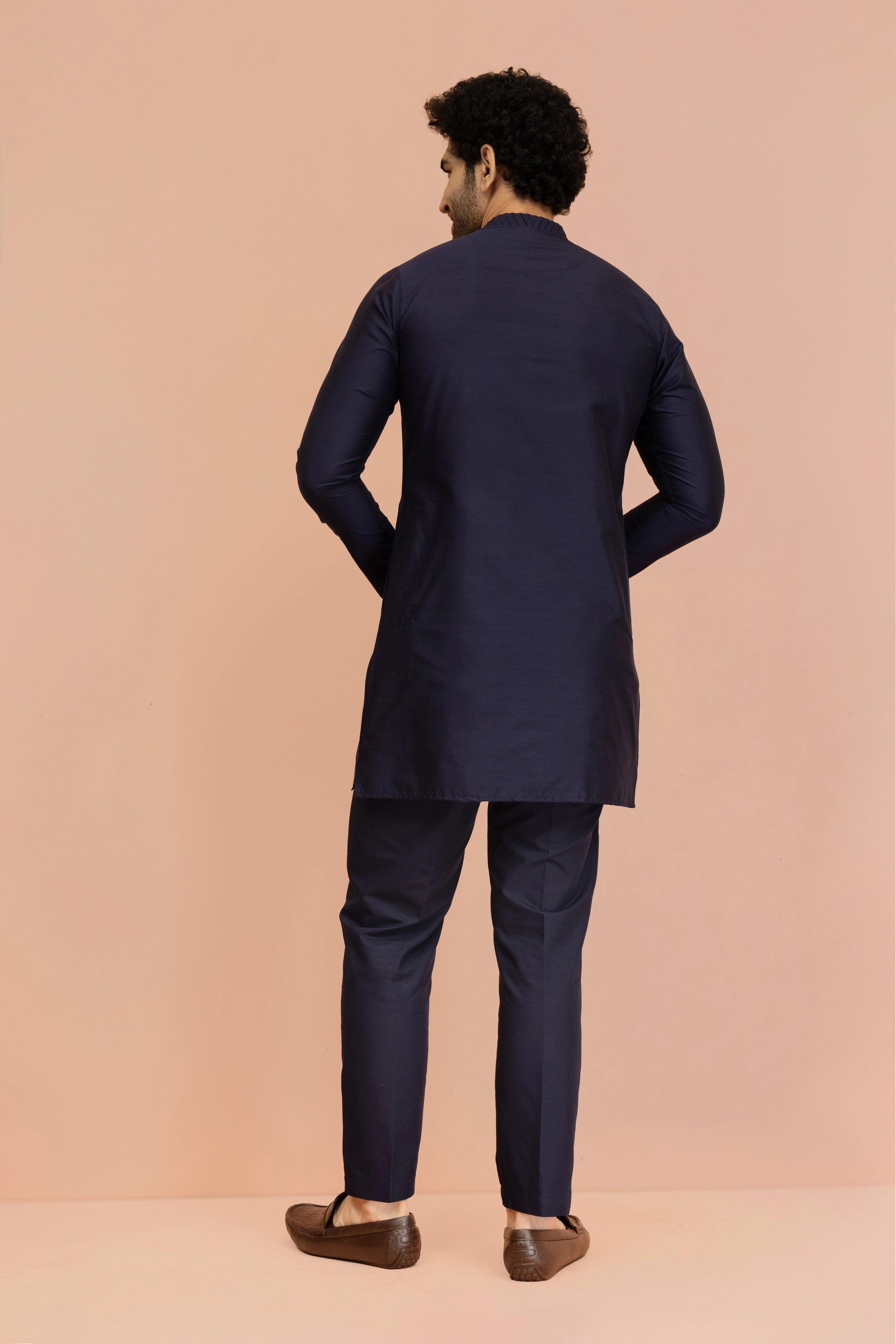 Men Navy Blue Yoke Design Pleating Front Open Kurta - Image 8