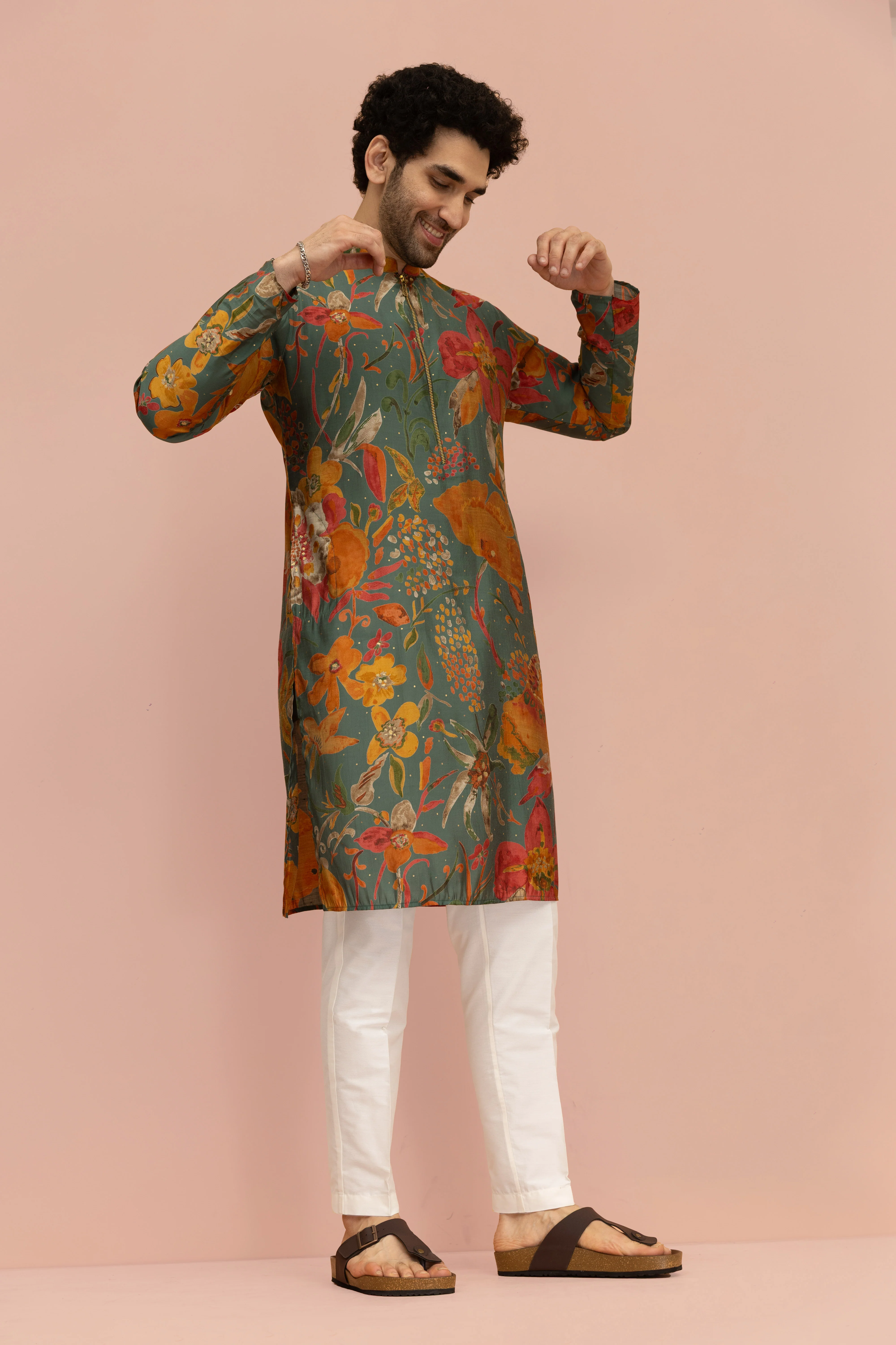 Men Multi Abstract Fluid Print Kurta Trouser Set - Image 3