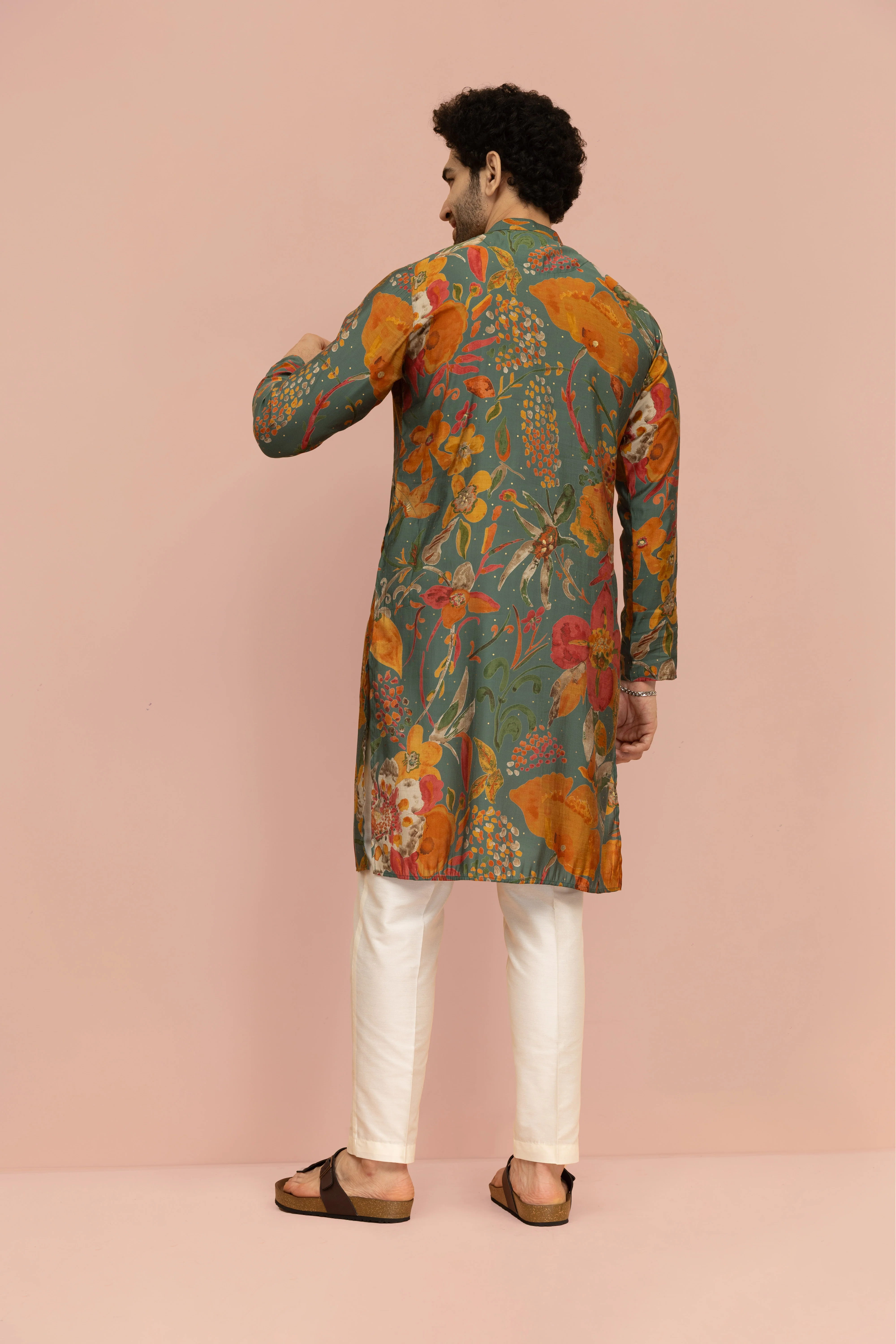 Men Multi Abstract Fluid Print Kurta Trouser Set - Image 4