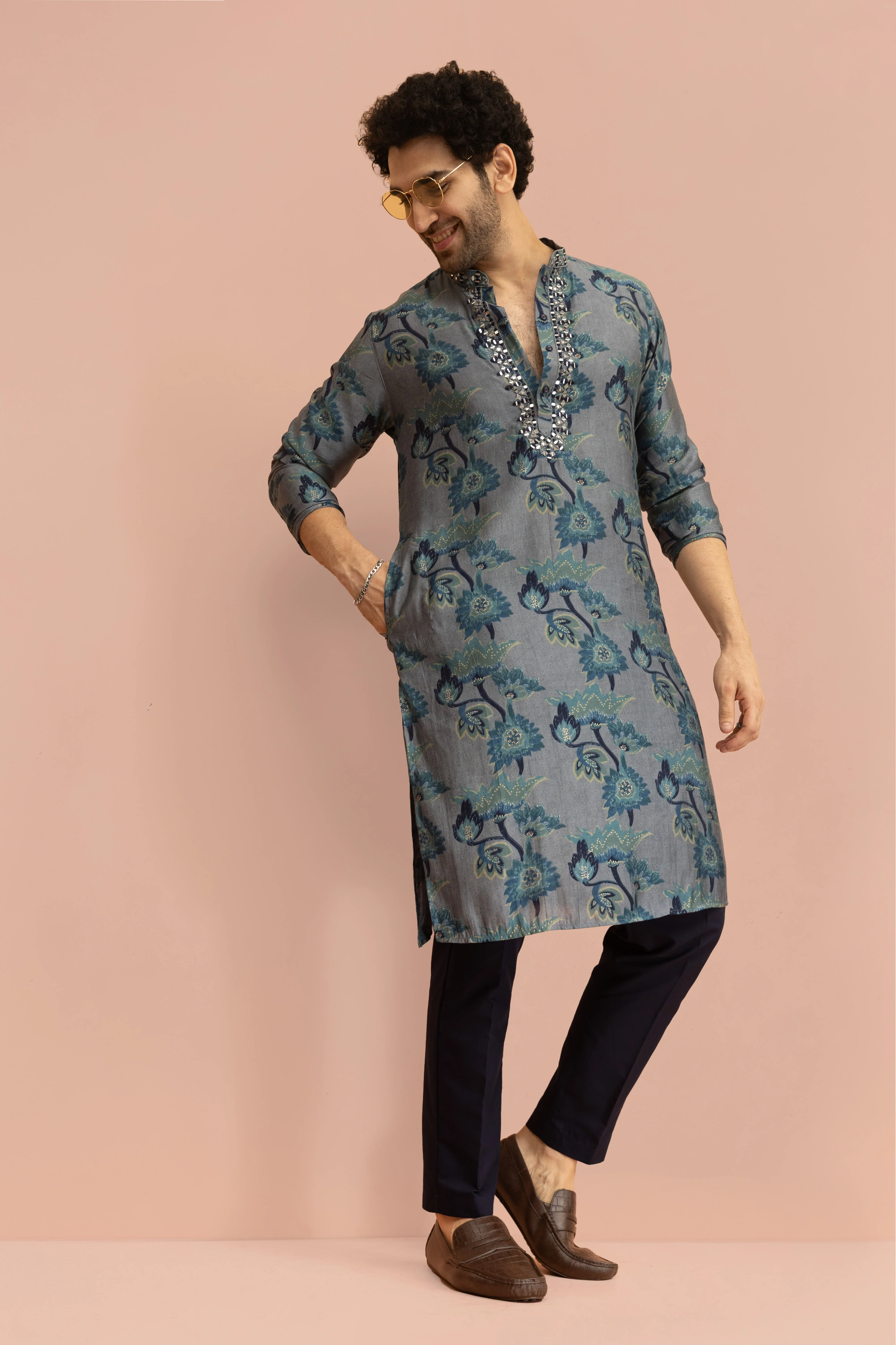 Men Navy Blue Floral Printed Kurta Trouser Set